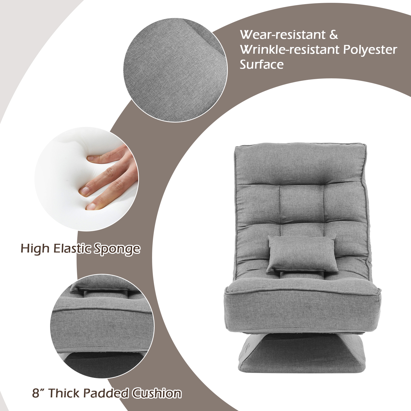 5-Level Adjustable Lazy Chair 360° Swivel Floor Chair w/ Massage Pillow Grey - Picture 9 of 10