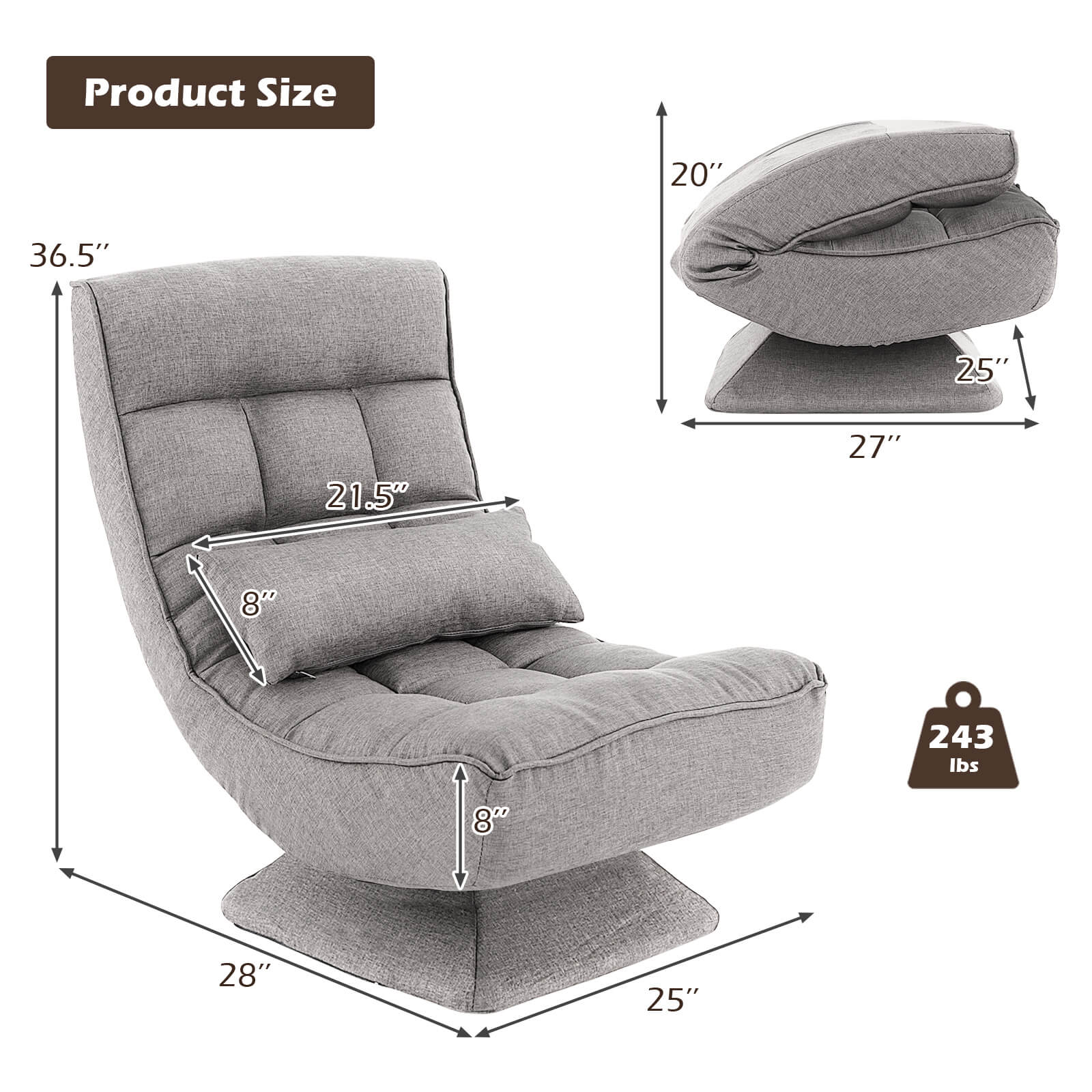 5-Level Adjustable Lazy Chair 360° Swivel Floor Chair w/ Massage Pillow Grey - Picture 2 of 10