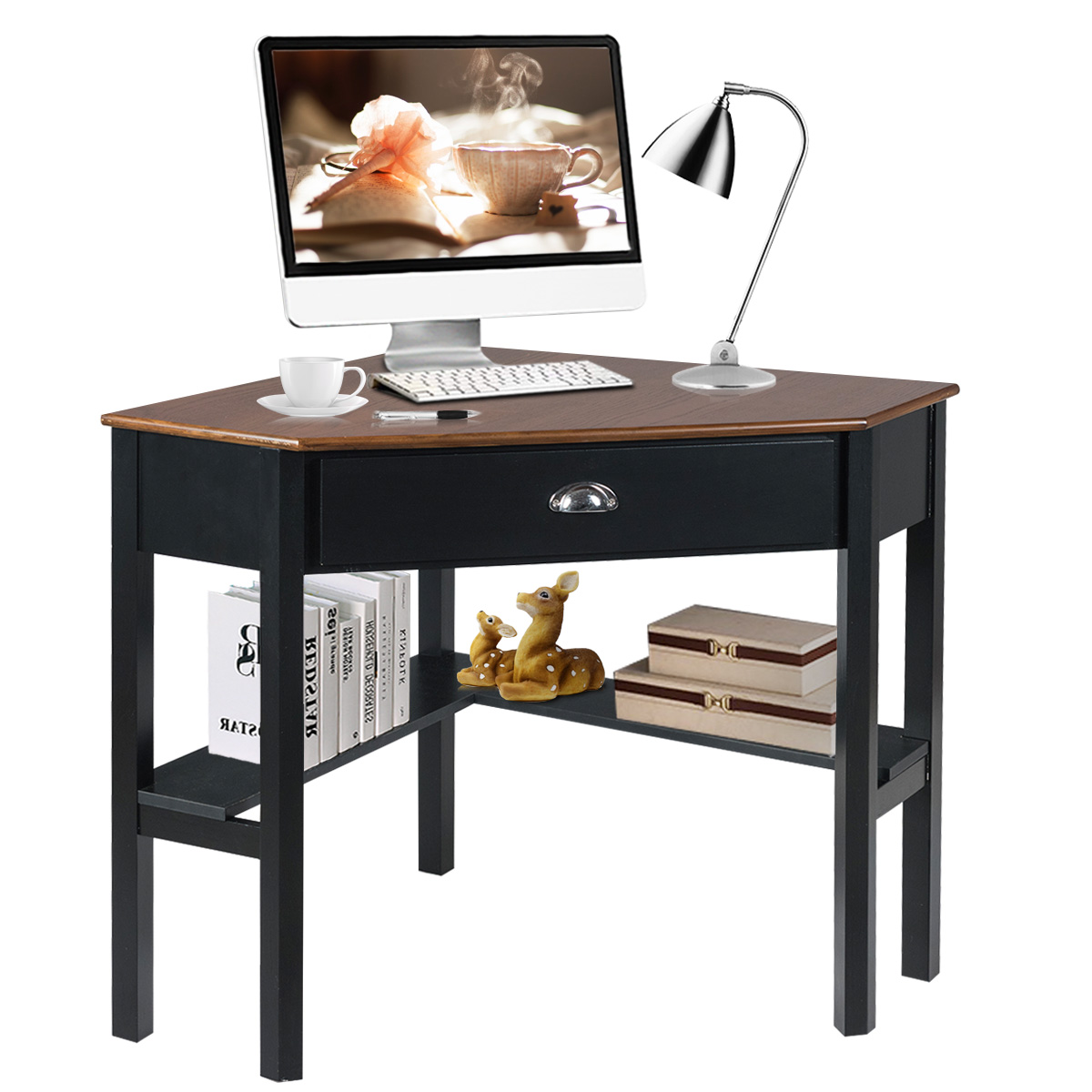 Corner Computer Desk Laptop Writing Table Workstation W/ Drawer & Shelves - Picture 3 of 23