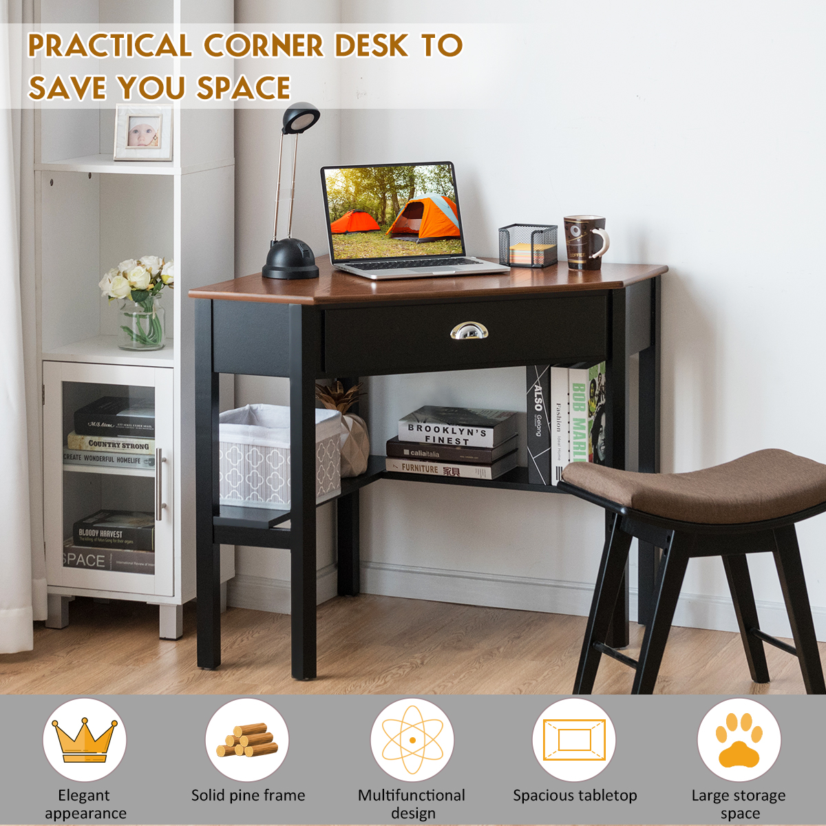 Corner Computer Desk Laptop Writing Table Workstation W/ Drawer & Shelves - Picture 7 of 23