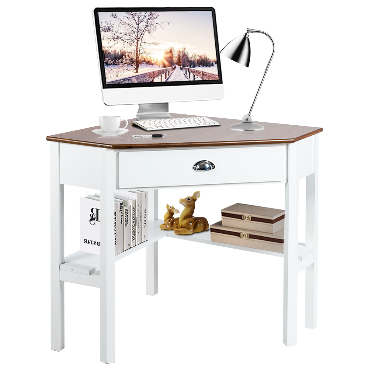 Corner Computer Desk Laptop Writing Table Workstation W/ Drawer & Shelves - Picture 14 of 23