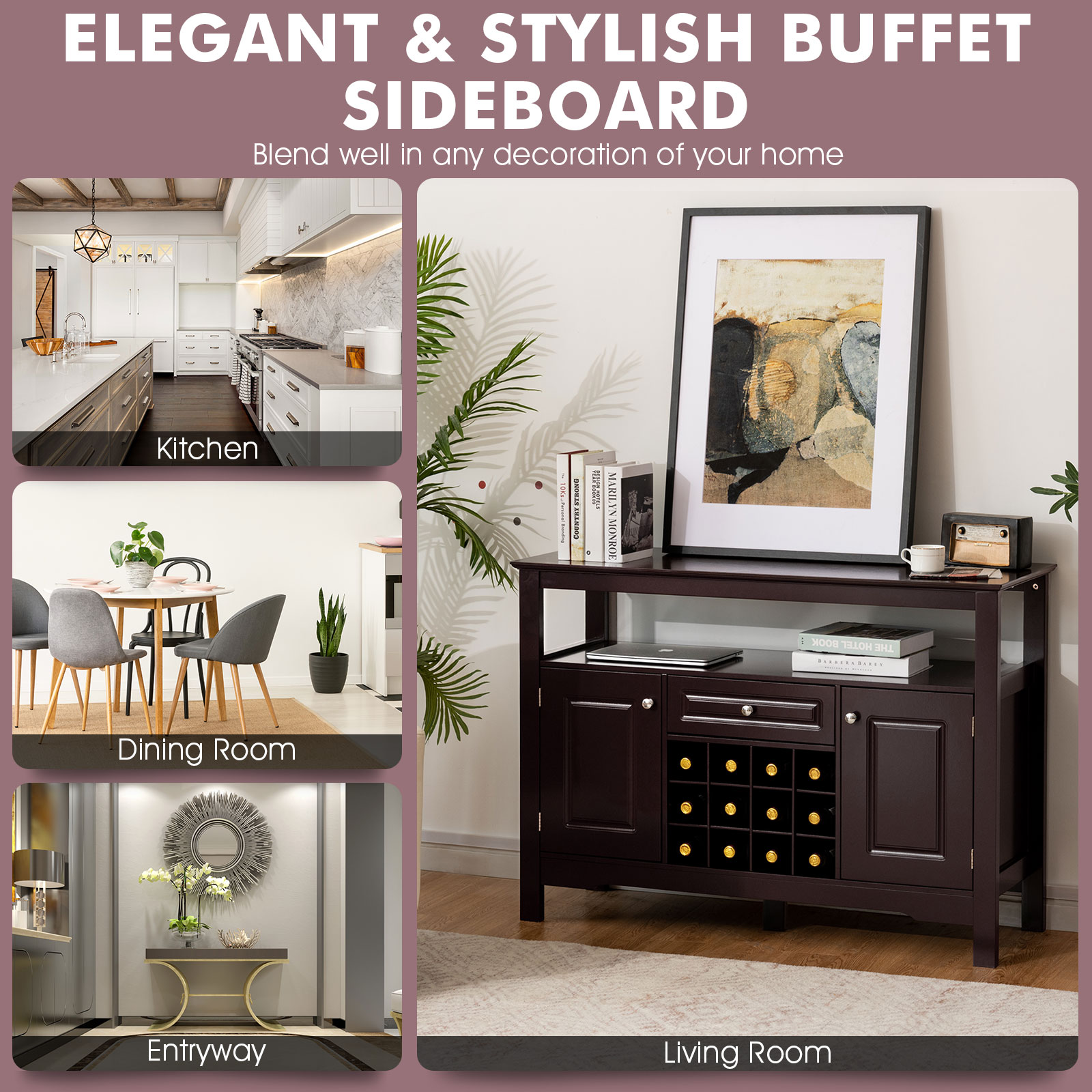 Giantex Buffet Sideboard Kitchen Storage Cabinet Shelf Wine Rack Console Table - Picture 8 of 25