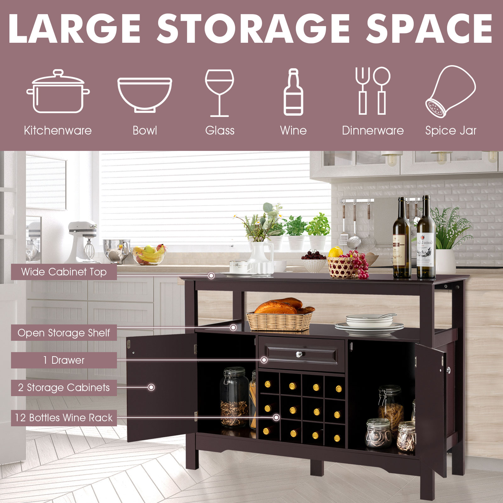 Giantex Buffet Sideboard Kitchen Storage Cabinet Shelf Wine Rack Console Table - Picture 9 of 25
