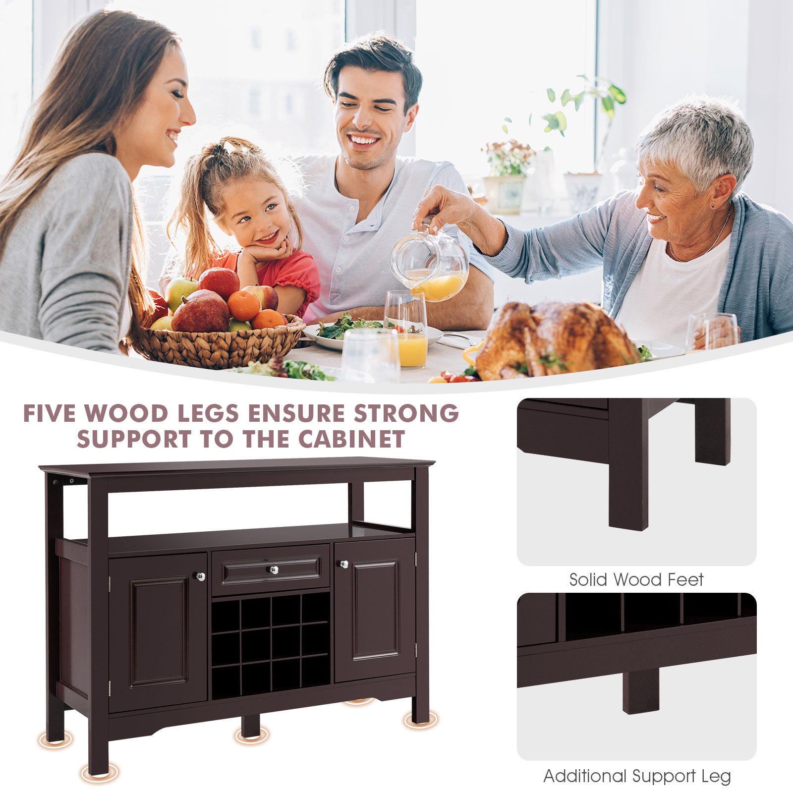 Giantex Buffet Sideboard Kitchen Storage Cabinet Shelf Wine Rack Console Table - Picture 10 of 25