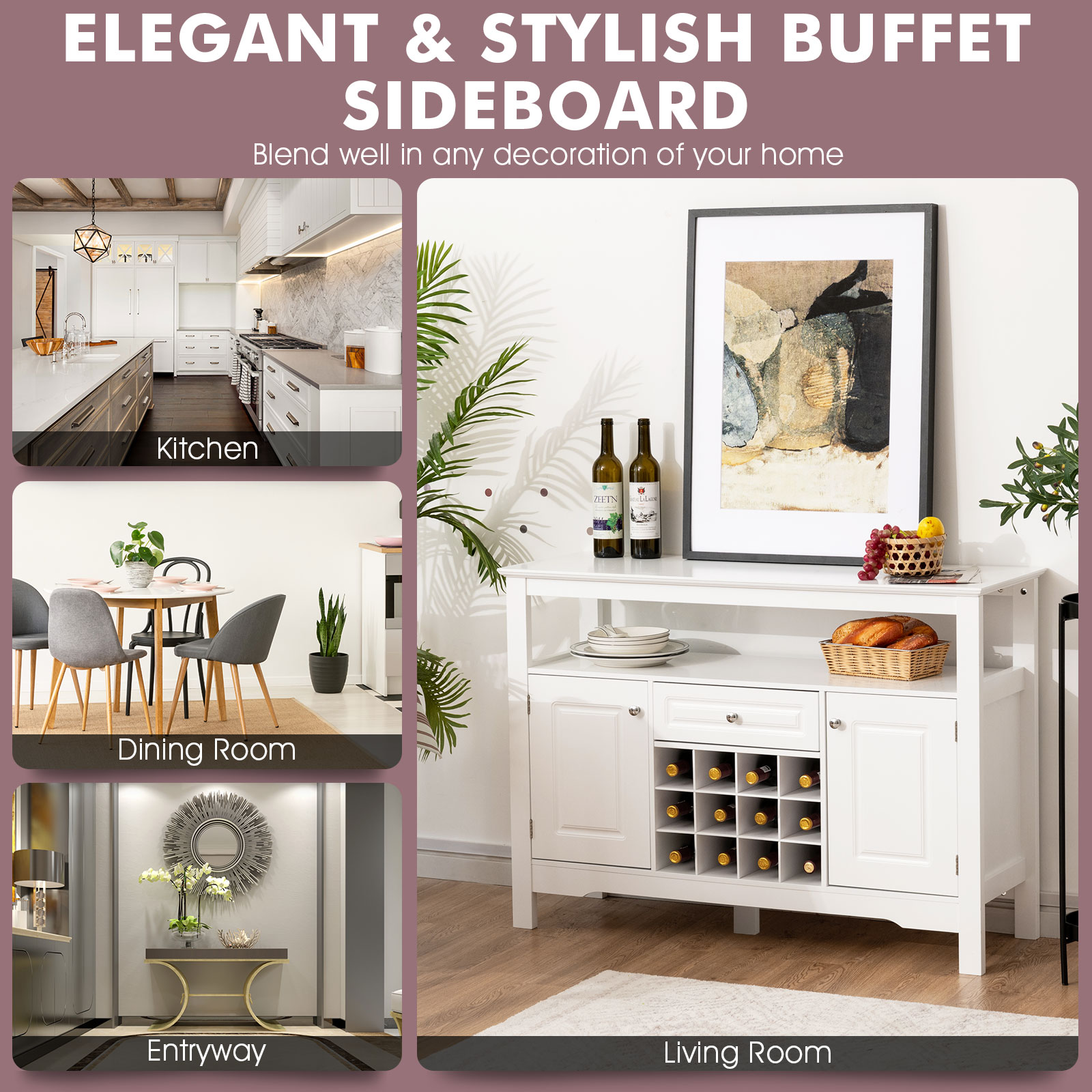 Giantex Buffet Sideboard Kitchen Storage Cabinet Shelf Wine Rack Console Table - Picture 22 of 25