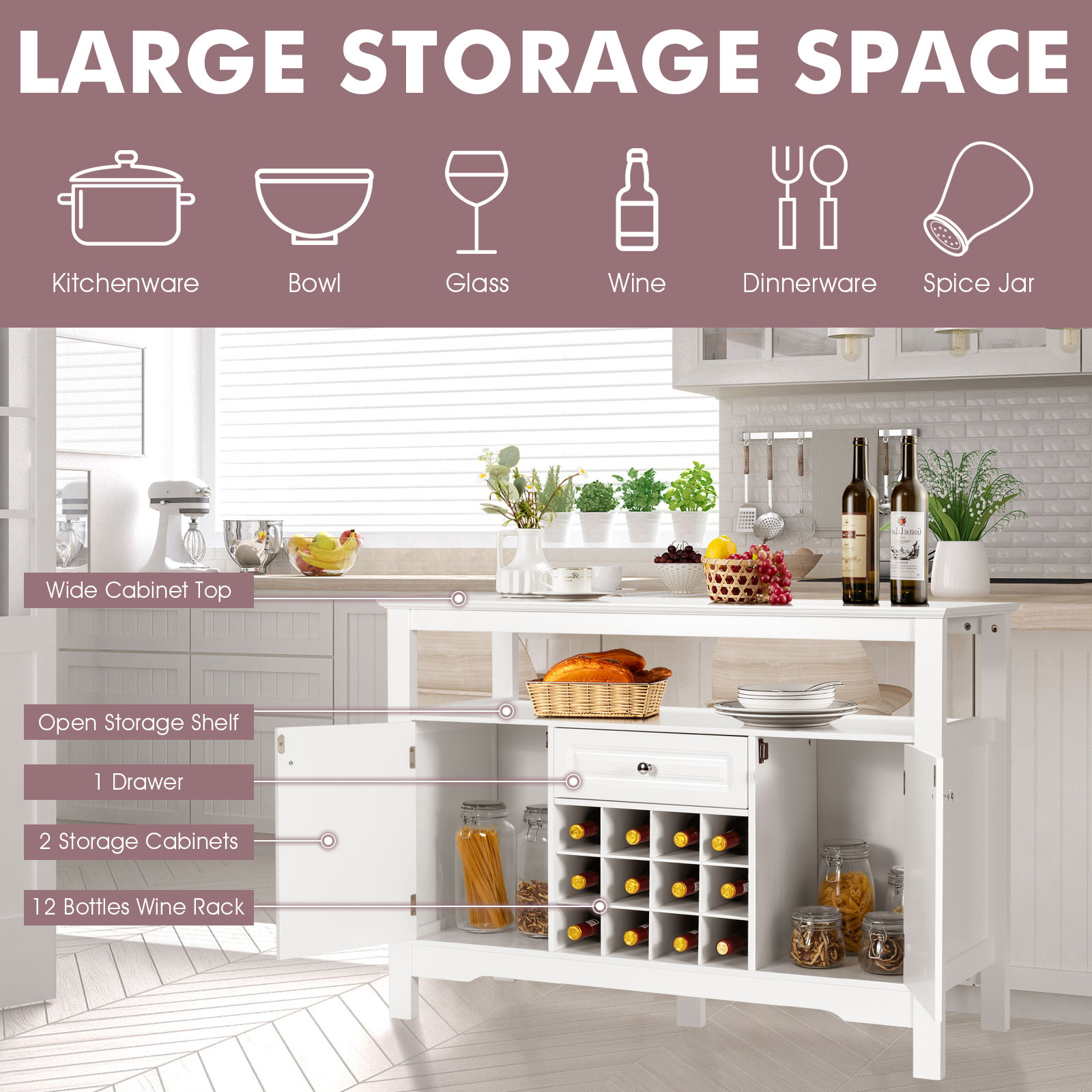 Giantex Buffet Sideboard Kitchen Storage Cabinet Shelf Wine Rack Console Table - Picture 17 of 25