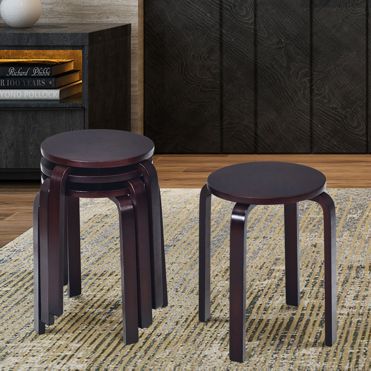 Giantex Set of 4 Wooden Stools Solid Wood Stool Space-saving Stackable - Picture 12 of 44