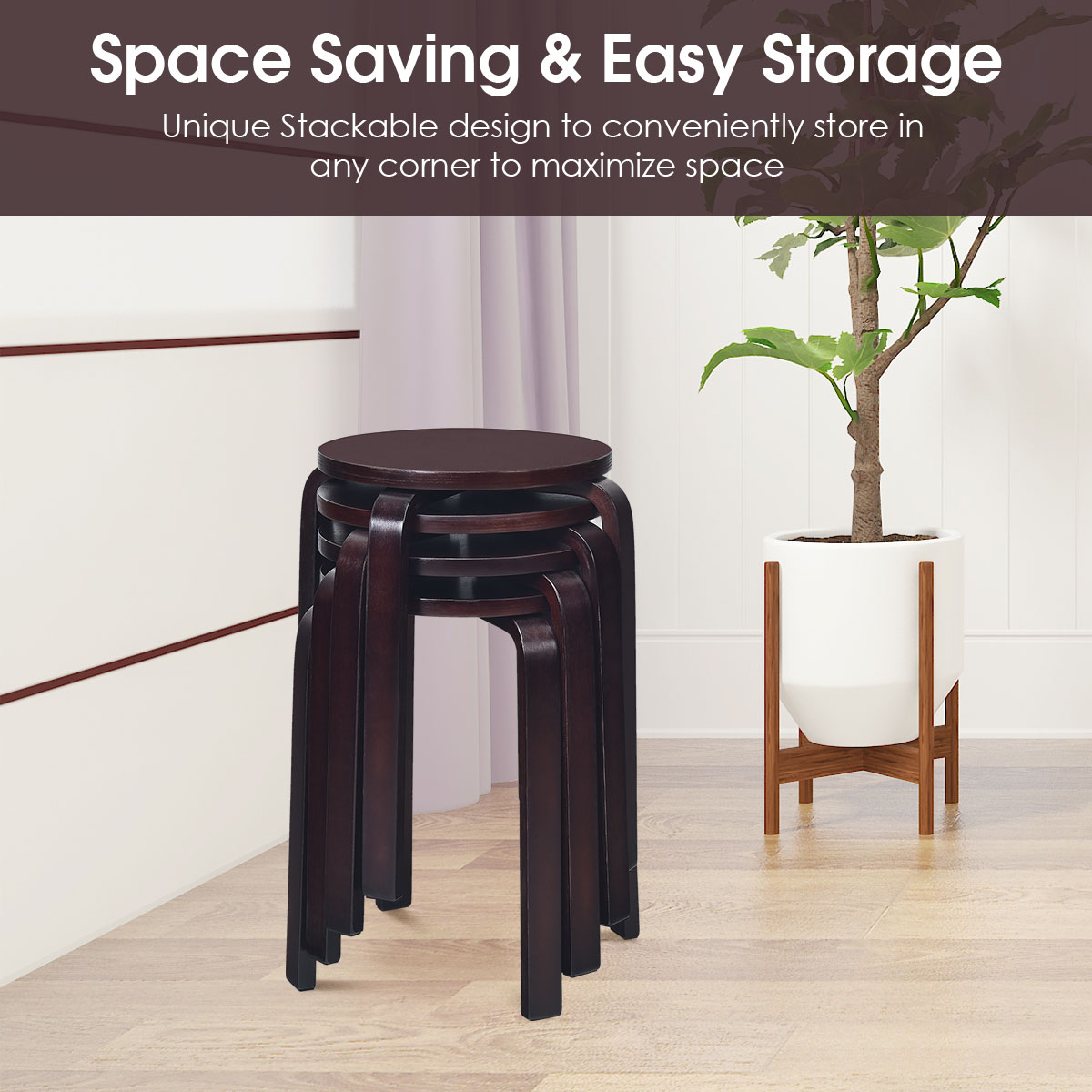 Giantex Set of 4 Wooden Stools Solid Wood Stool Space-saving Stackable - Picture 14 of 44