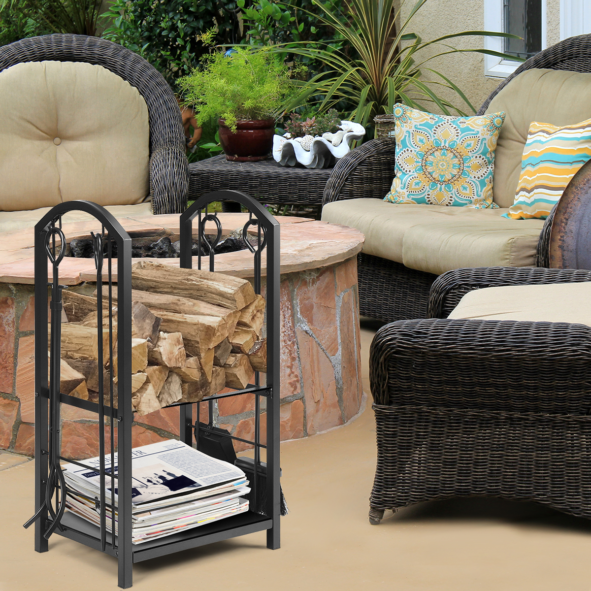 Fireplace Log Rack with 4 Tools Set Fireside Firewood Holders Indoor Outdoor - Picture 21 of 23