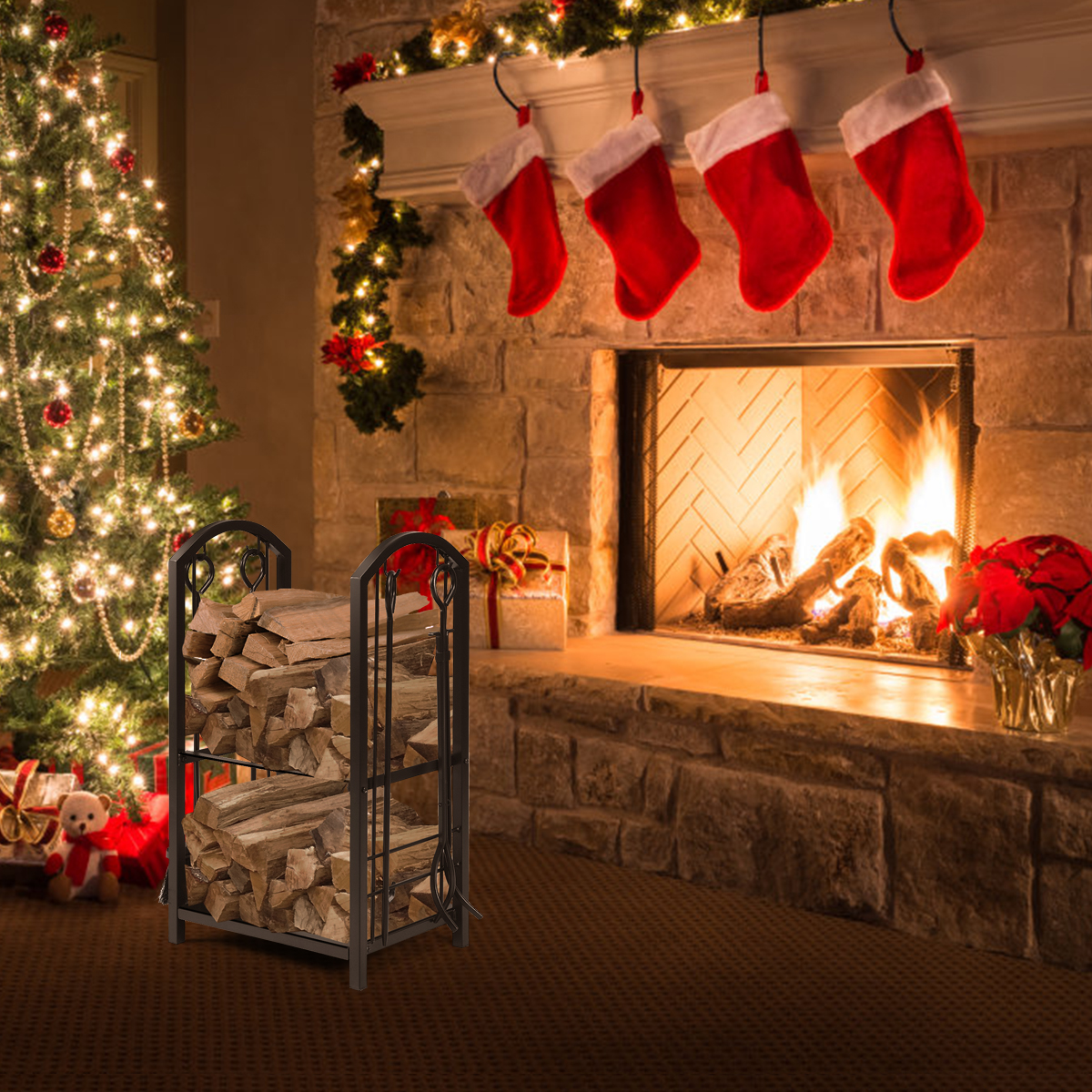 Fireplace Log Rack with 4 Tools Set Fireside Firewood Holders Indoor Outdoor - Picture 15 of 23