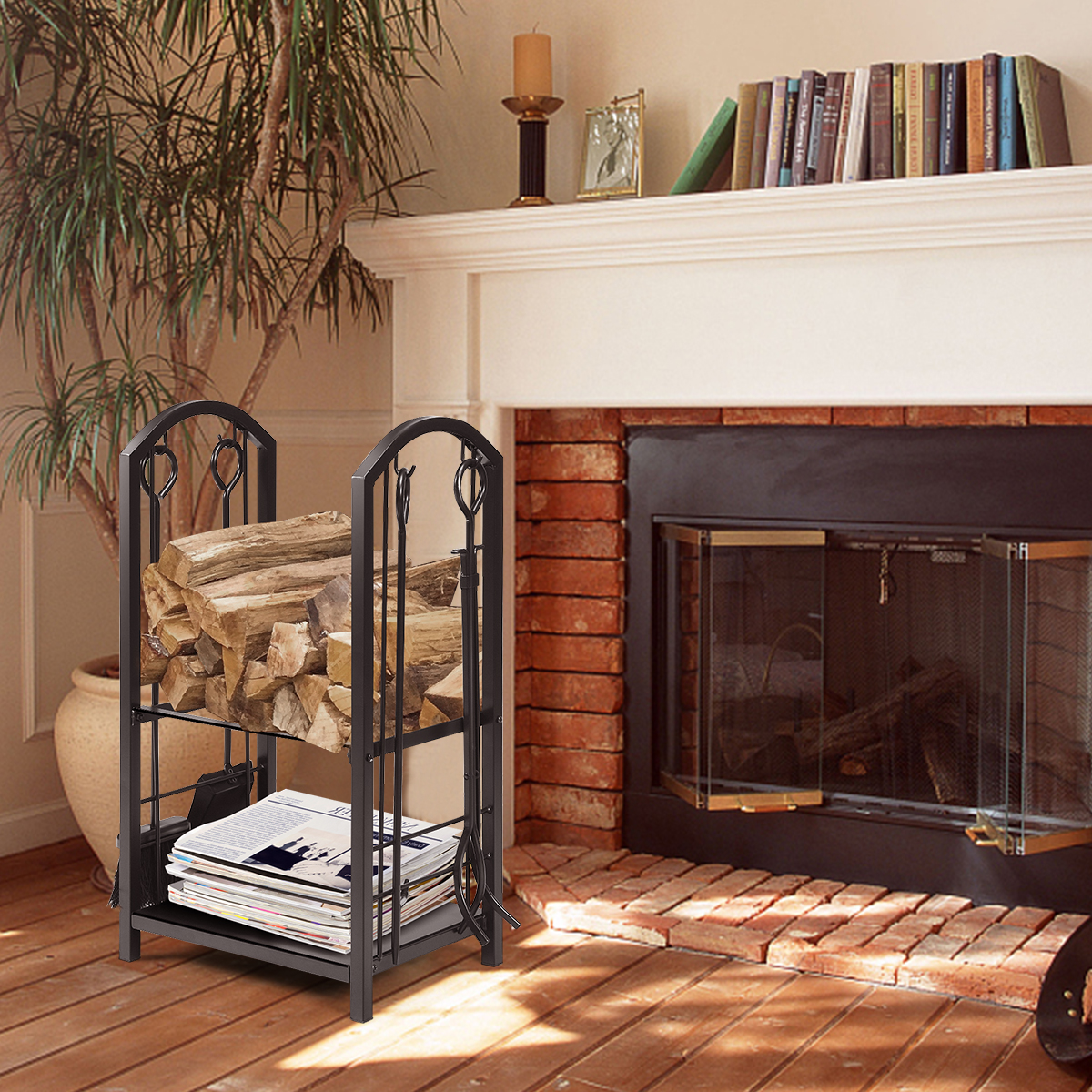 Fireplace Log Rack with 4 Tools Set Fireside Firewood Holders Indoor Outdoor - Picture 16 of 23