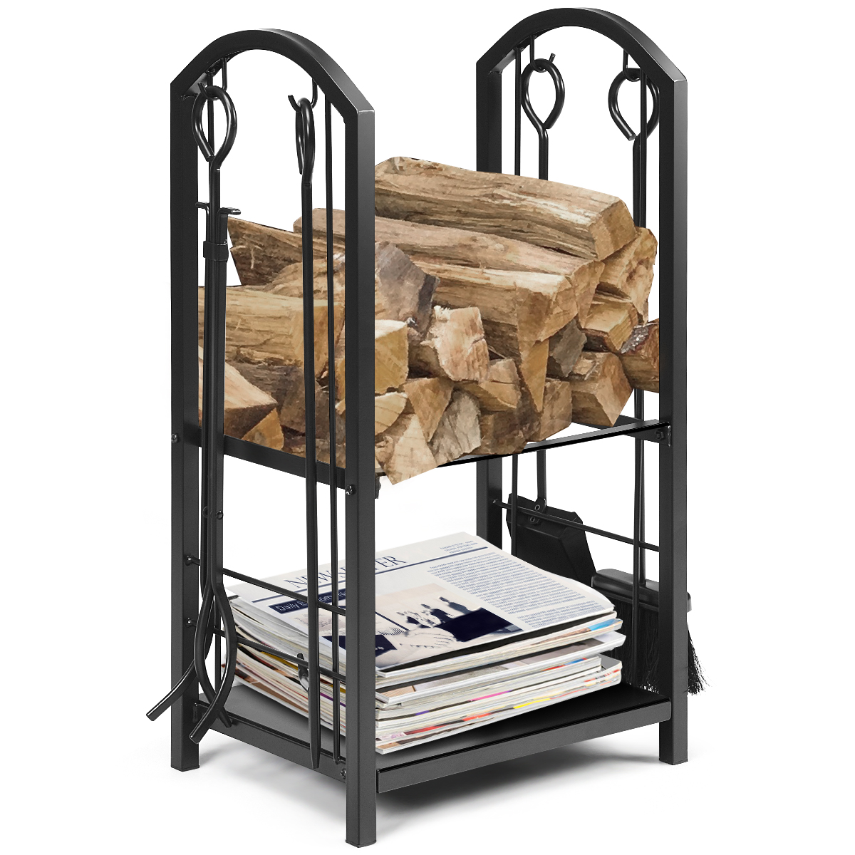 Fireplace Log Rack with 4 Tools Set Fireside Firewood Holders Indoor Outdoor - Picture 20 of 23
