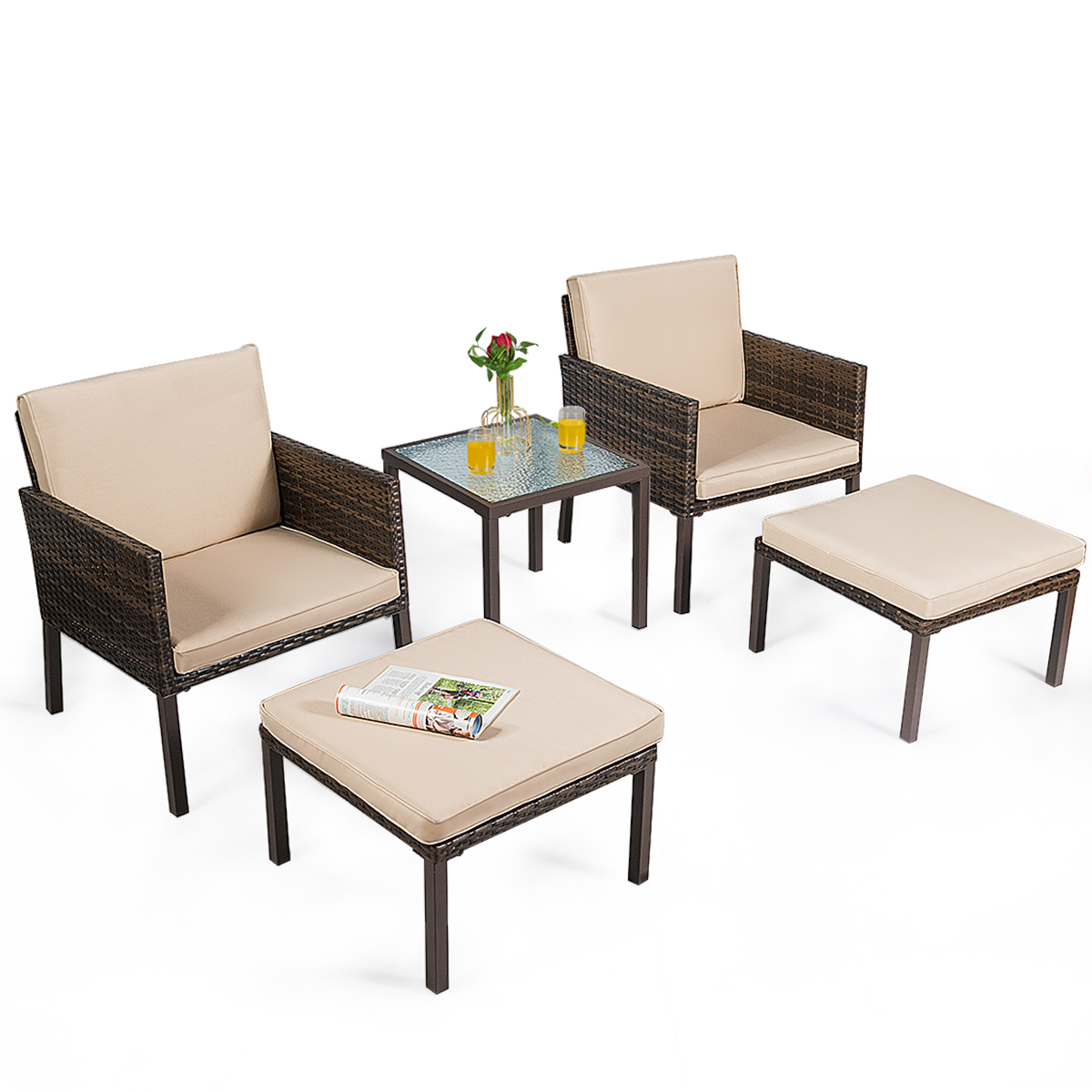 5PCS Rattan Patio Furniture Set Chairs Ottoman Cushioned ...