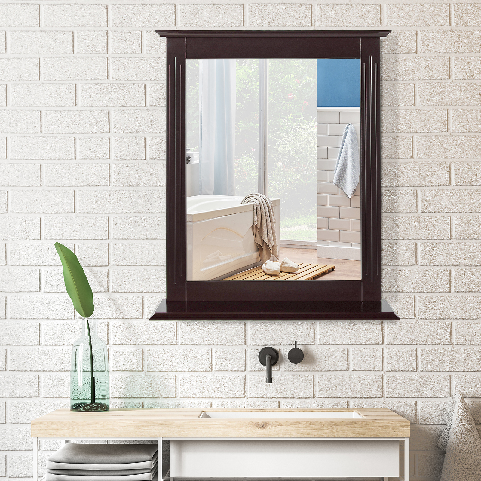 Bathroom Multipurpose Wall-Mounted Mirror W/Shelf Vanity Makeup Mirror Brown - Picture 3 of 8