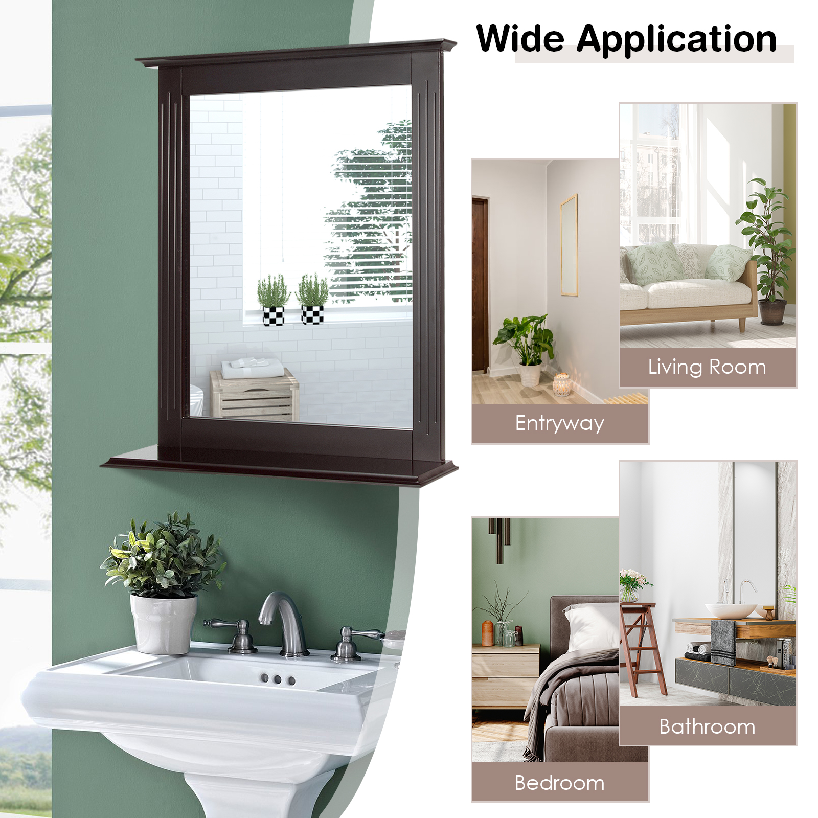 Bathroom Multipurpose Wall-Mounted Mirror W/Shelf Vanity Makeup Mirror Brown - Picture 5 of 8