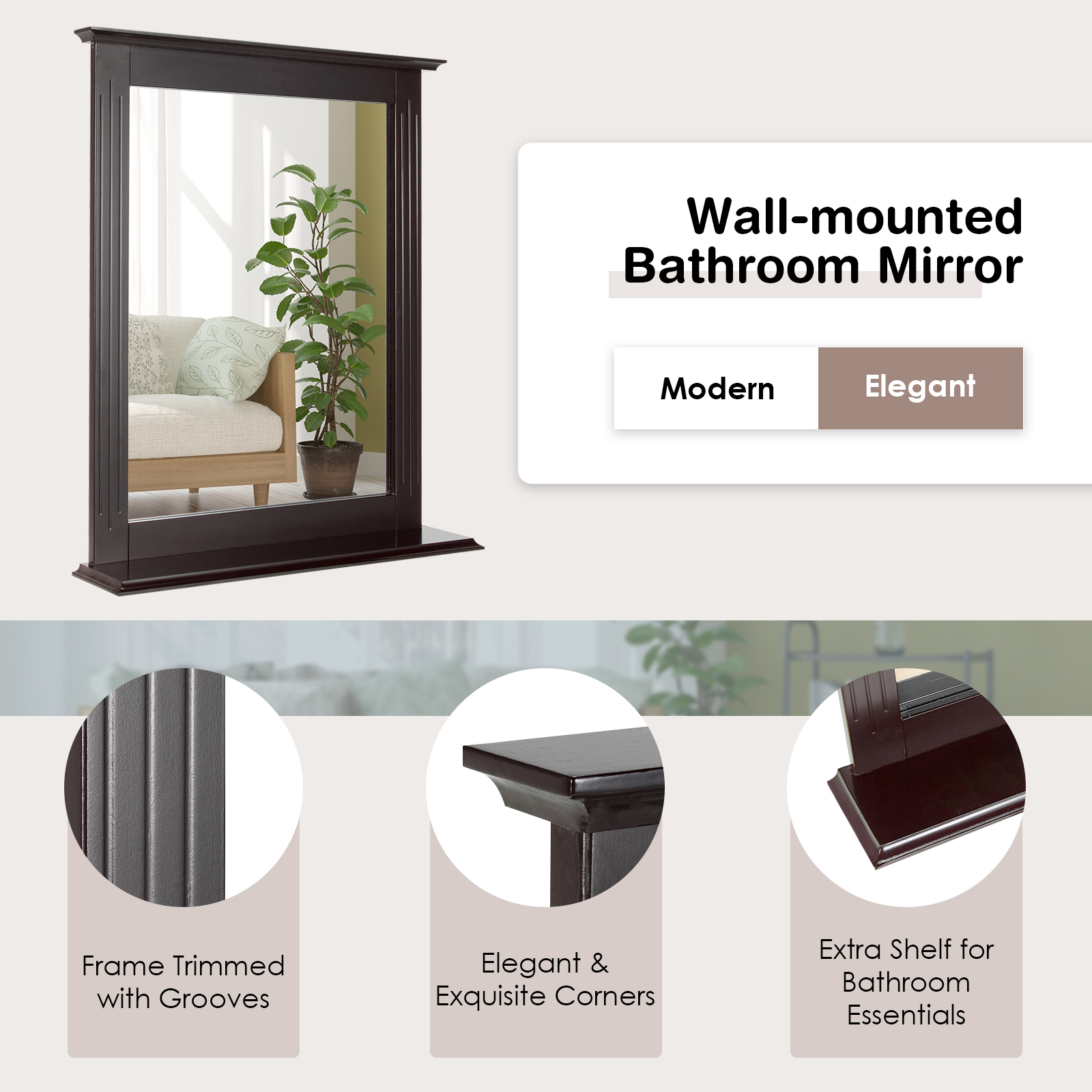Bathroom Multipurpose Wall-Mounted Mirror W/Shelf Vanity Makeup Mirror Brown - Picture 6 of 8