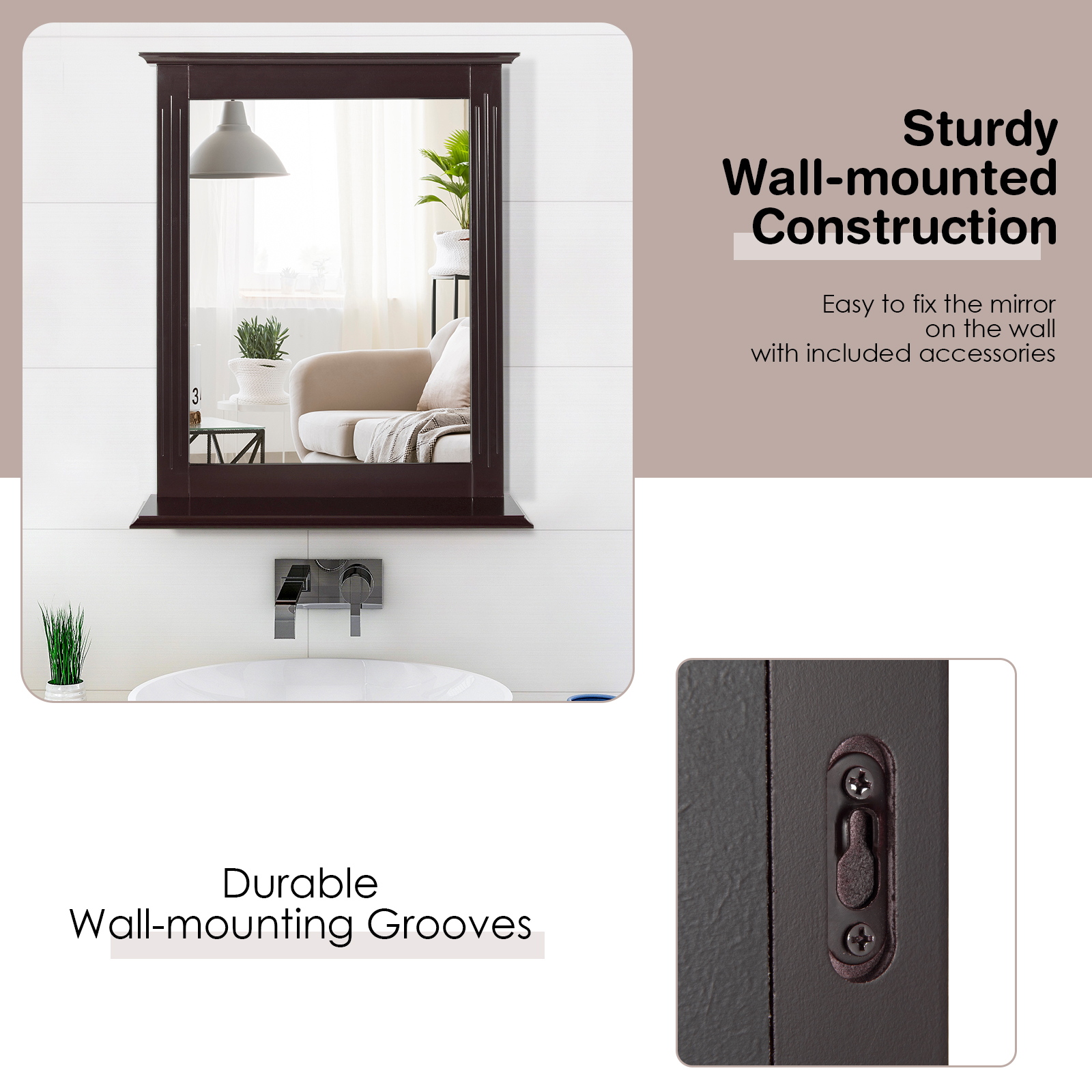 Bathroom Multipurpose Wall-Mounted Mirror W/Shelf Vanity Makeup Mirror Brown - Picture 7 of 8