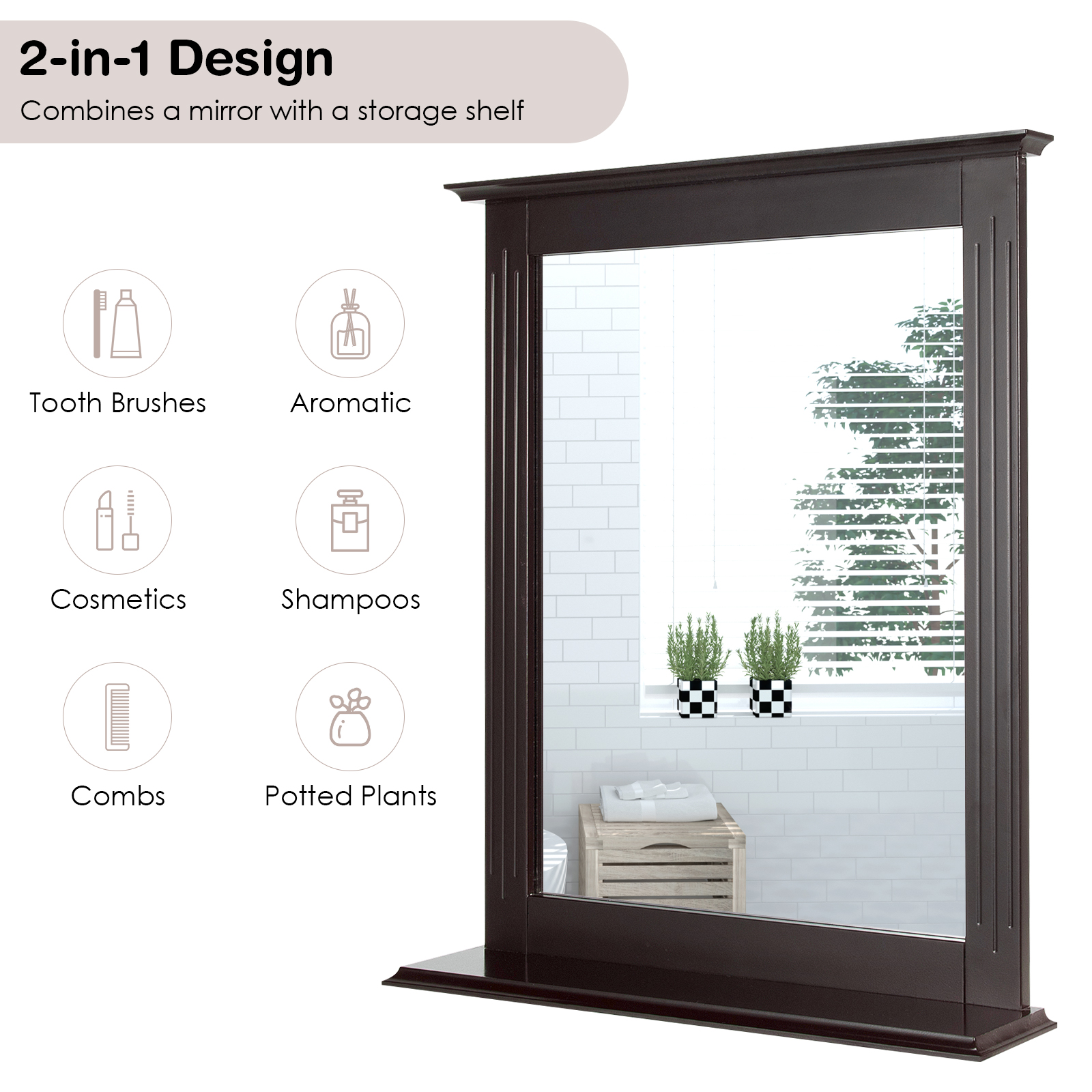 Bathroom Multipurpose Wall-Mounted Mirror W/Shelf Vanity Makeup Mirror Brown - Picture 8 of 8