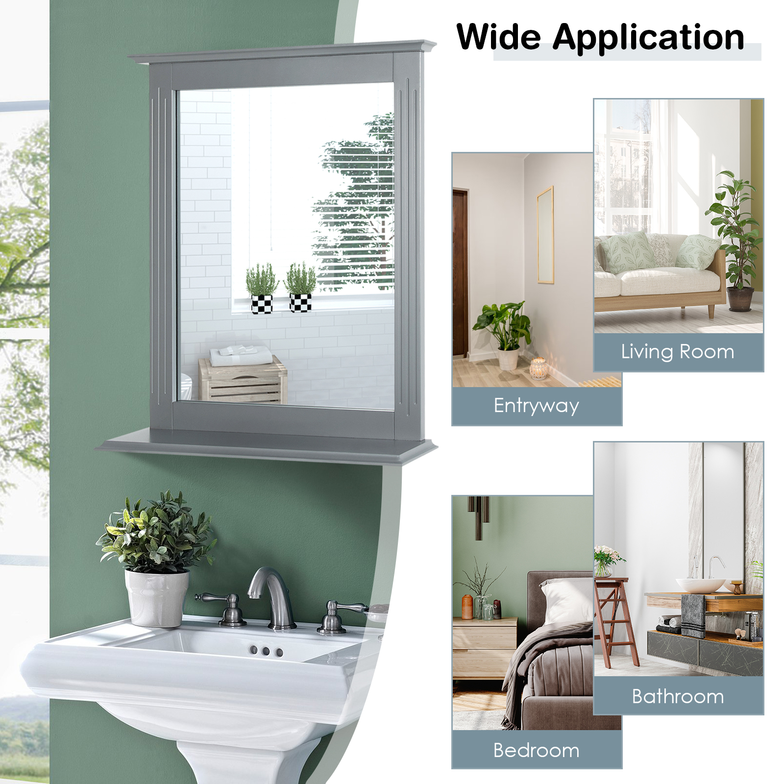 Bathroom Multipurpose Wall-Mounted Mirror W/Shelf Vanity Makeup Mirror Gray - Bild 4 von 7