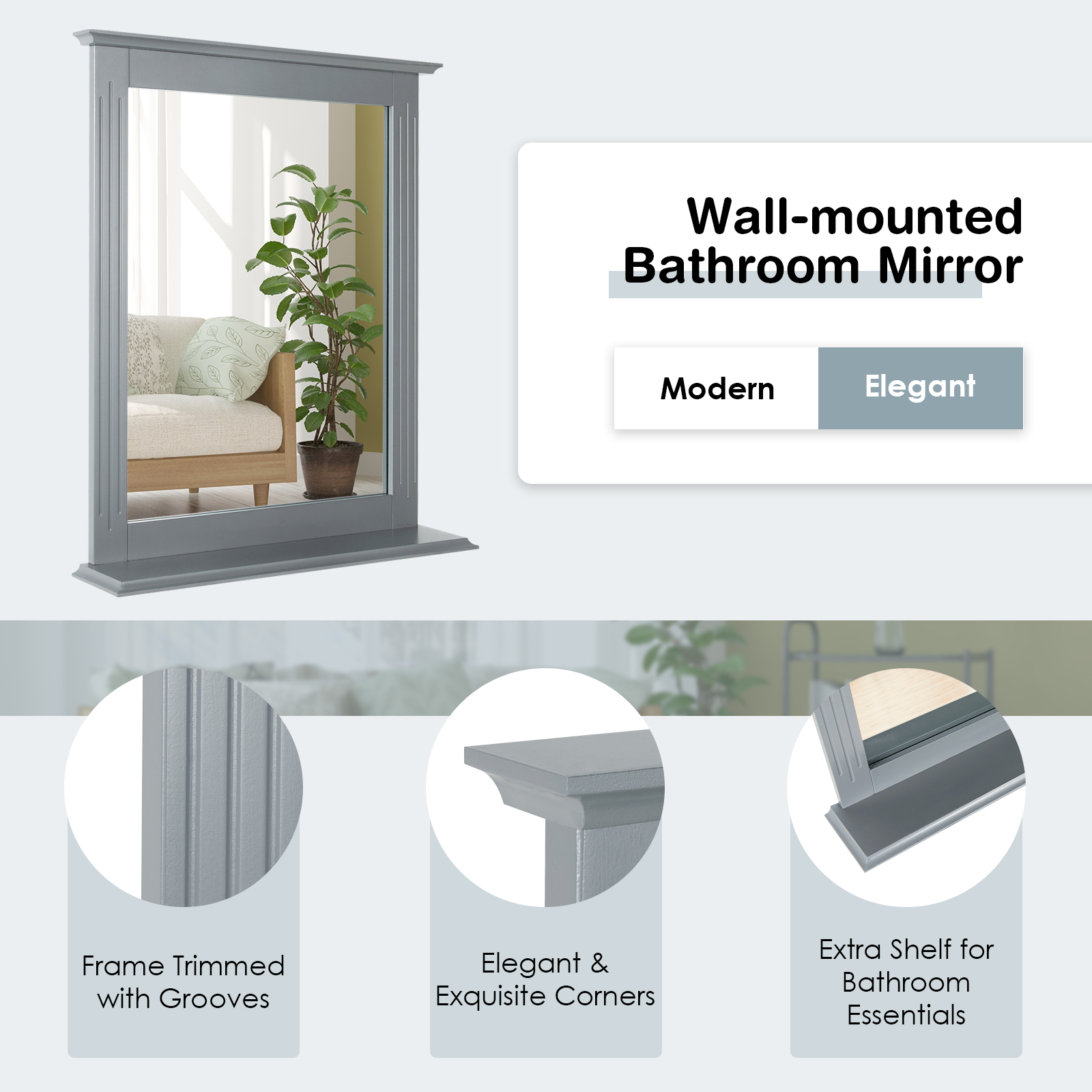 Bathroom Multipurpose Wall-Mounted Mirror W/Shelf Vanity Makeup Mirror Gray - Bild 5 von 7