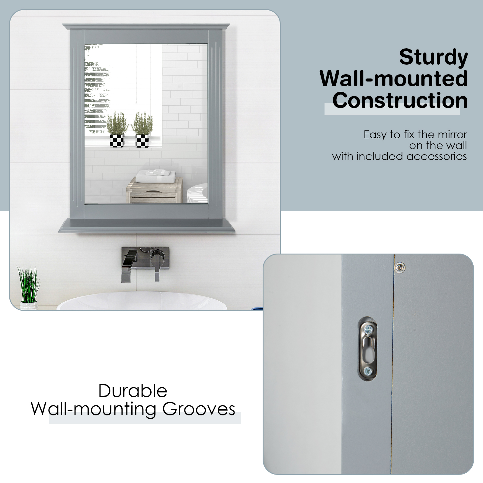Bathroom Multipurpose Wall-Mounted Mirror W/Shelf Vanity Makeup Mirror Gray - Bild 6 von 7