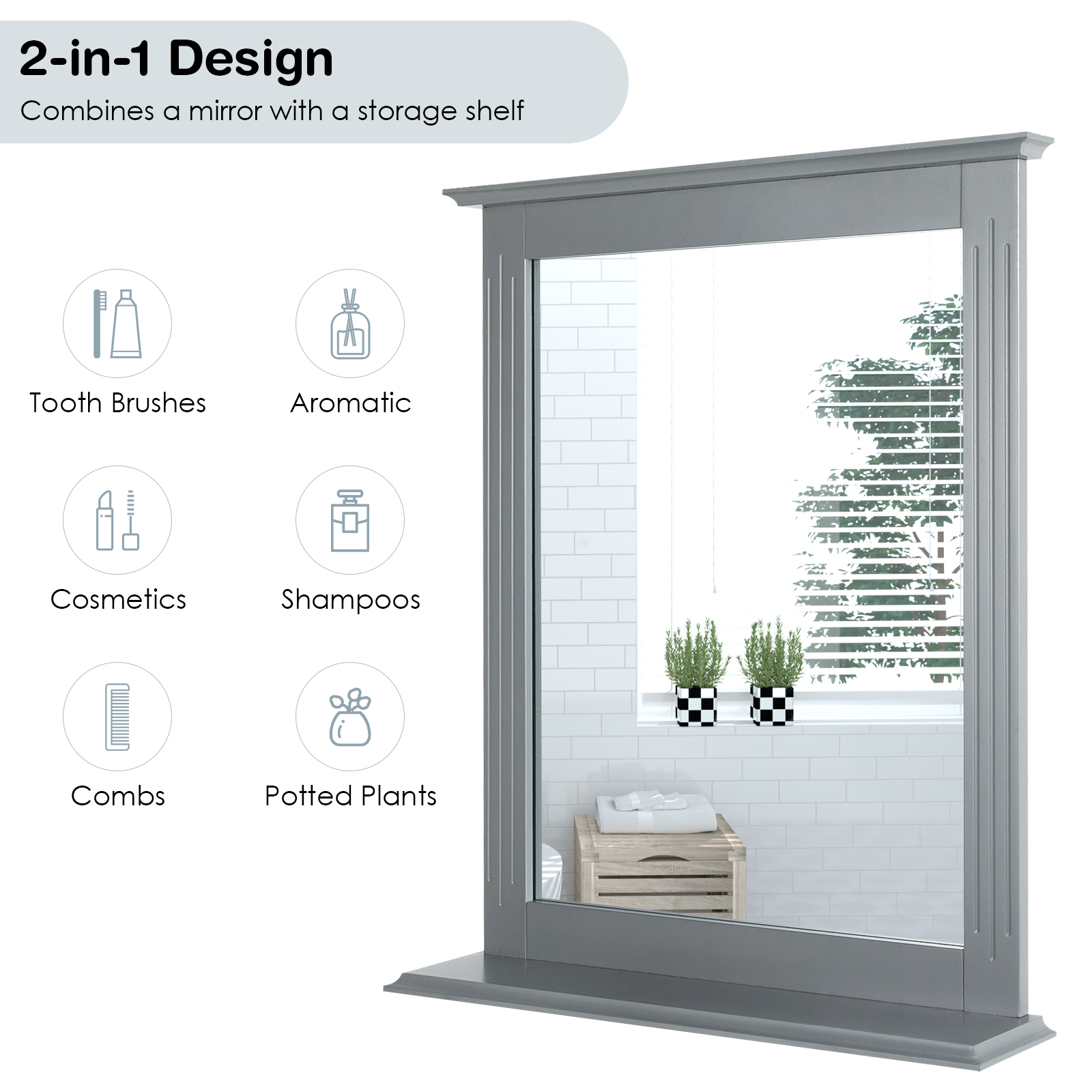 Bathroom Multipurpose Wall-Mounted Mirror W/Shelf Vanity Makeup Mirror Gray - Bild 7 von 7