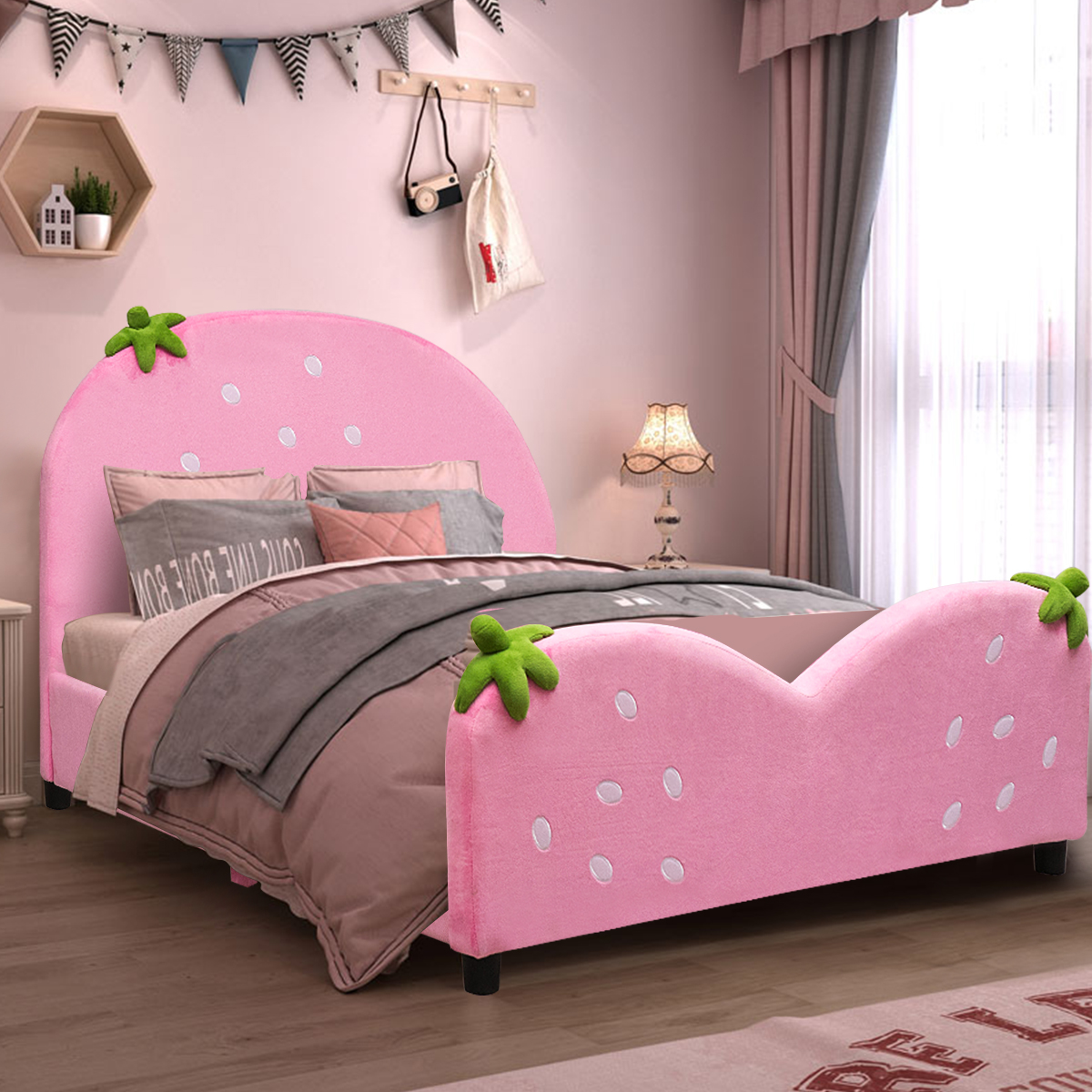 Pink Kids Bed Comfortable Children Bed Bedroom Furniture w/Berry Pattern - Picture 3 of 6