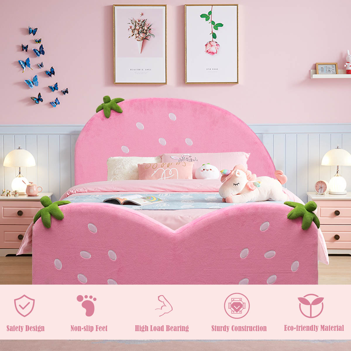 Pink Kids Bed Comfortable Children Bed Bedroom Furniture w/Berry Pattern - Picture 5 of 6