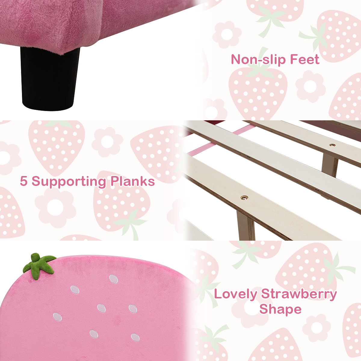 Pink Kids Bed Comfortable Children Bed Bedroom Furniture w/Berry Pattern - Picture 6 of 6