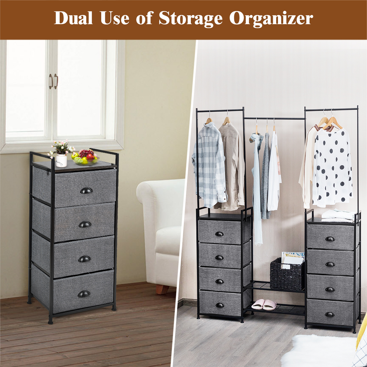 Costway 8 Drawer Fabric Dresser Hanger&Shoe Rack Multifunctional