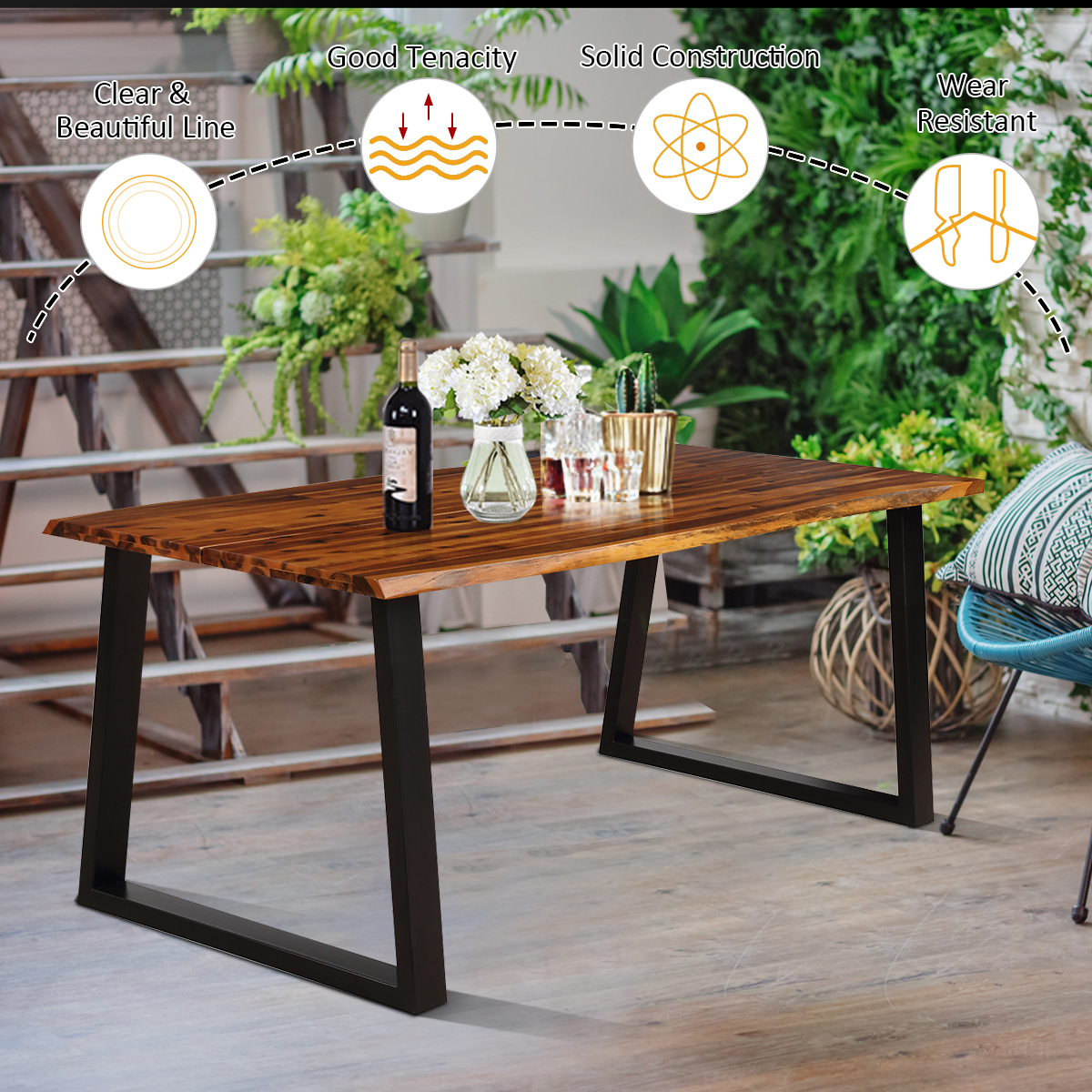 Costway Rectangular Acacia Wood Dining Table Rustic Indoor & Outdoor Furniture