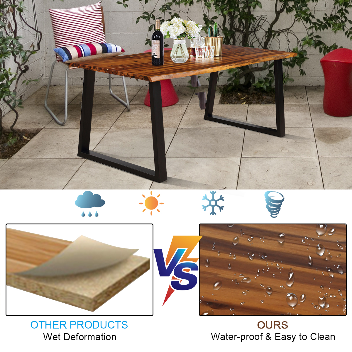 Costway Rectangular Acacia Wood Dining Table Rustic Indoor & Outdoor Furniture