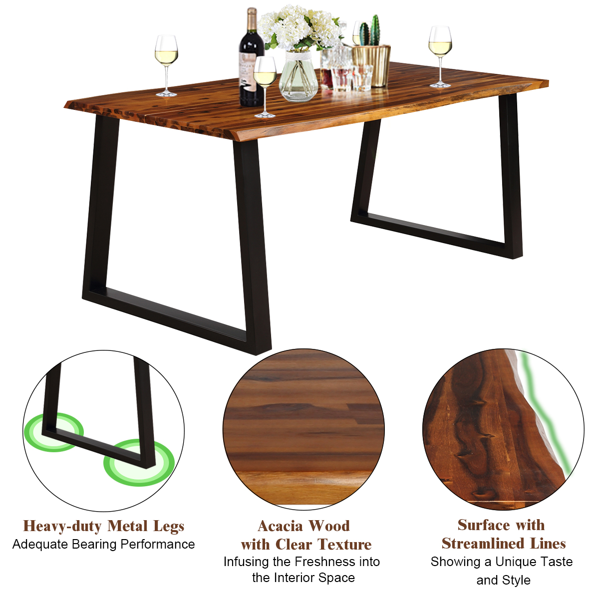 Costway Rectangular Acacia Wood Dining Table Rustic Indoor & Outdoor Furniture