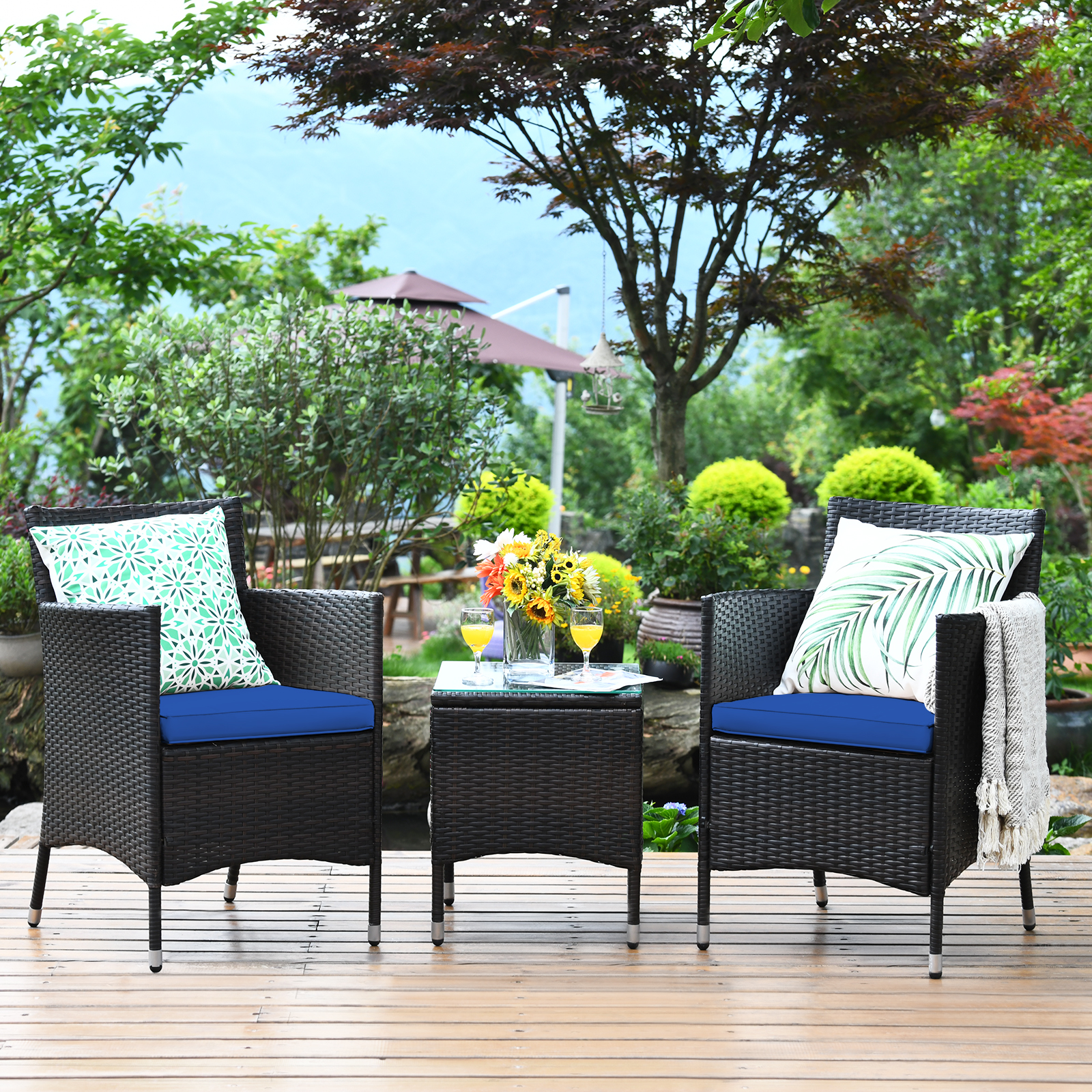 Patiojoy Patio 3PCS Rattan Wicker Furniture Set Chairs Coffee Table Garden Navy product image view 2