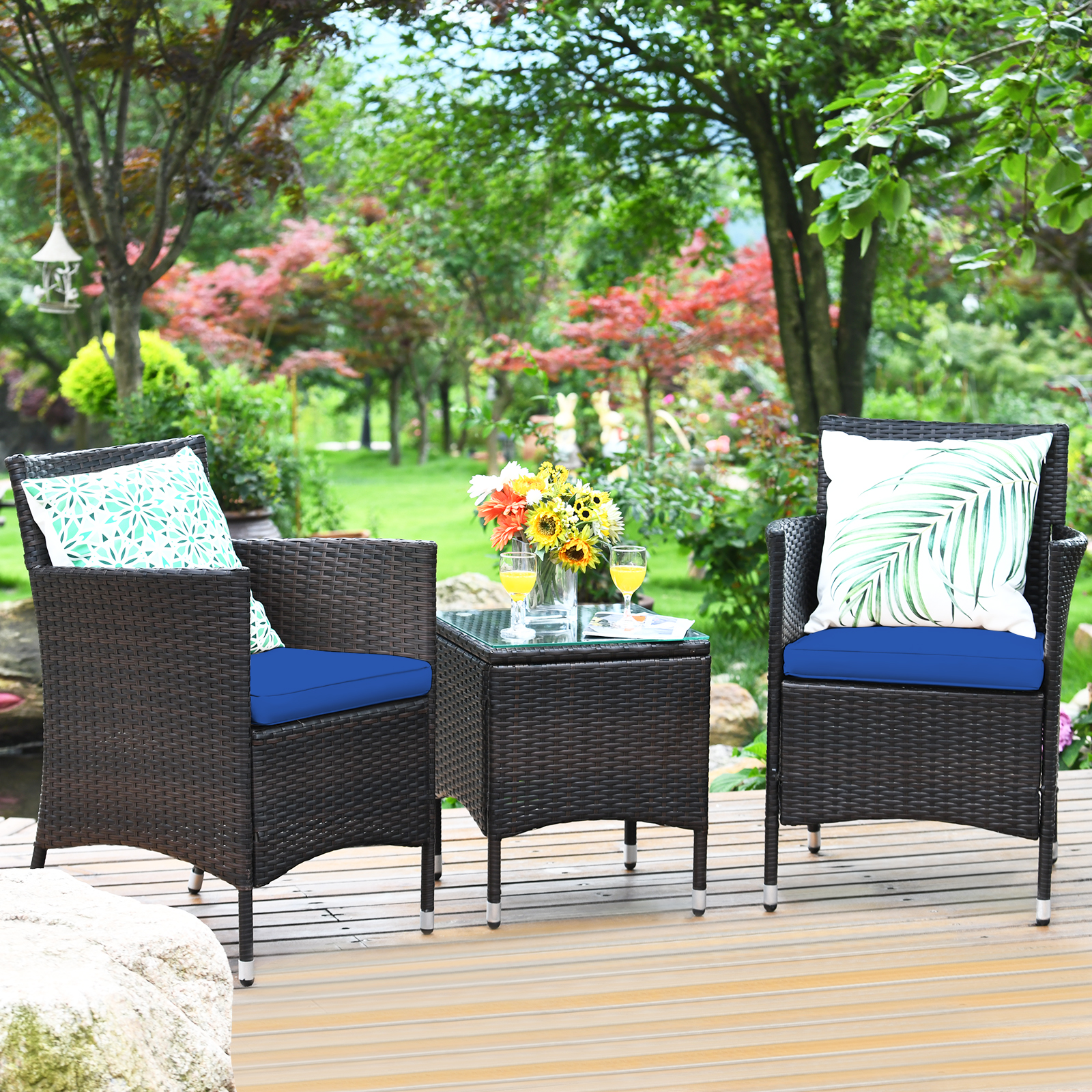 Patiojoy Patio 3PCS Rattan Wicker Furniture Set Chairs Coffee Table Garden Navy product image view 3