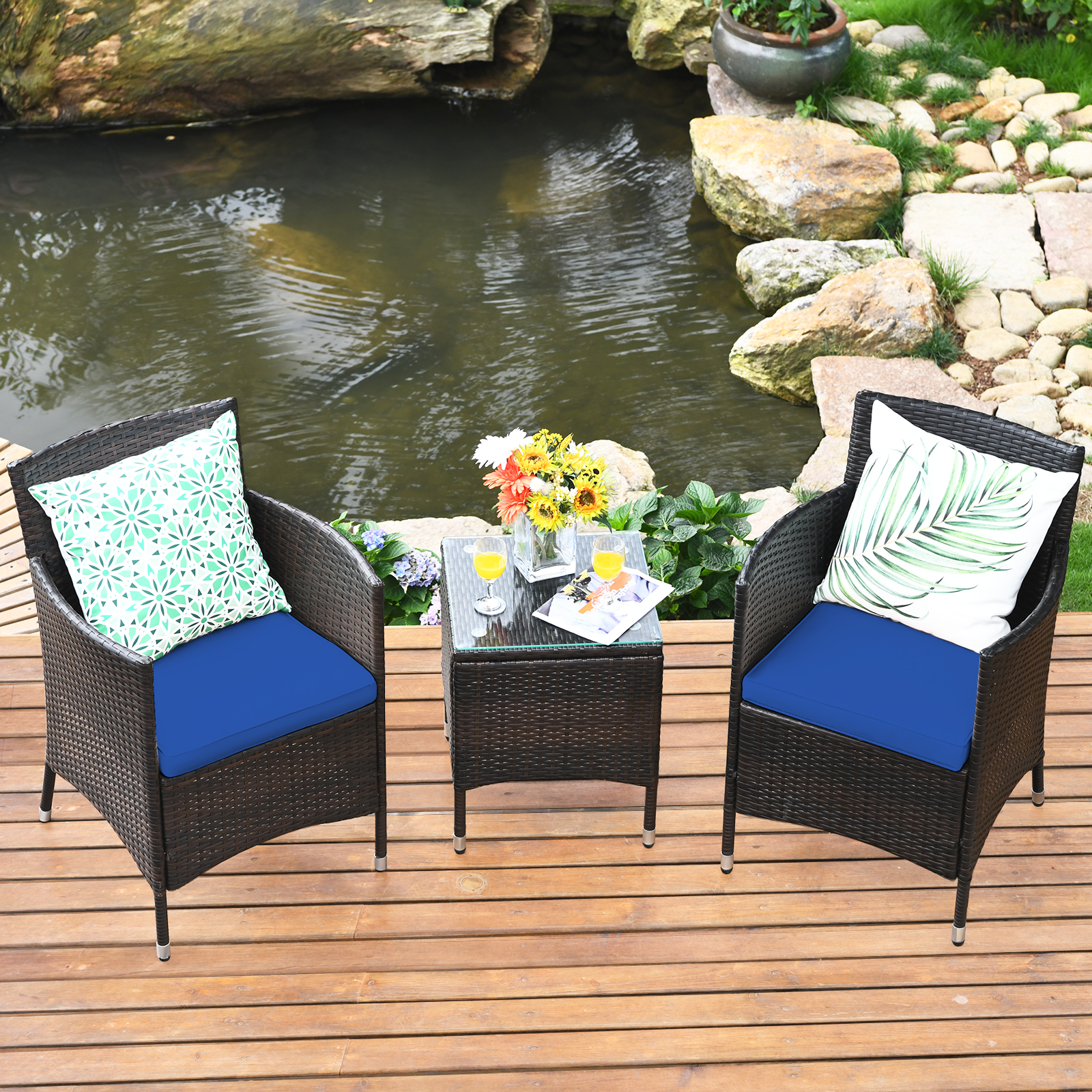Patiojoy Patio 3PCS Rattan Wicker Furniture Set Chairs Coffee Table Garden Navy product image view 4