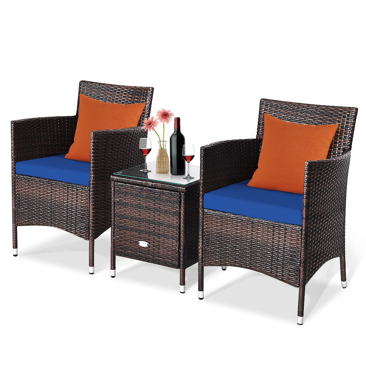 Patiojoy Patio 3PCS Rattan Wicker Furniture Set Chairs Coffee Table Garden Navy product image view 10