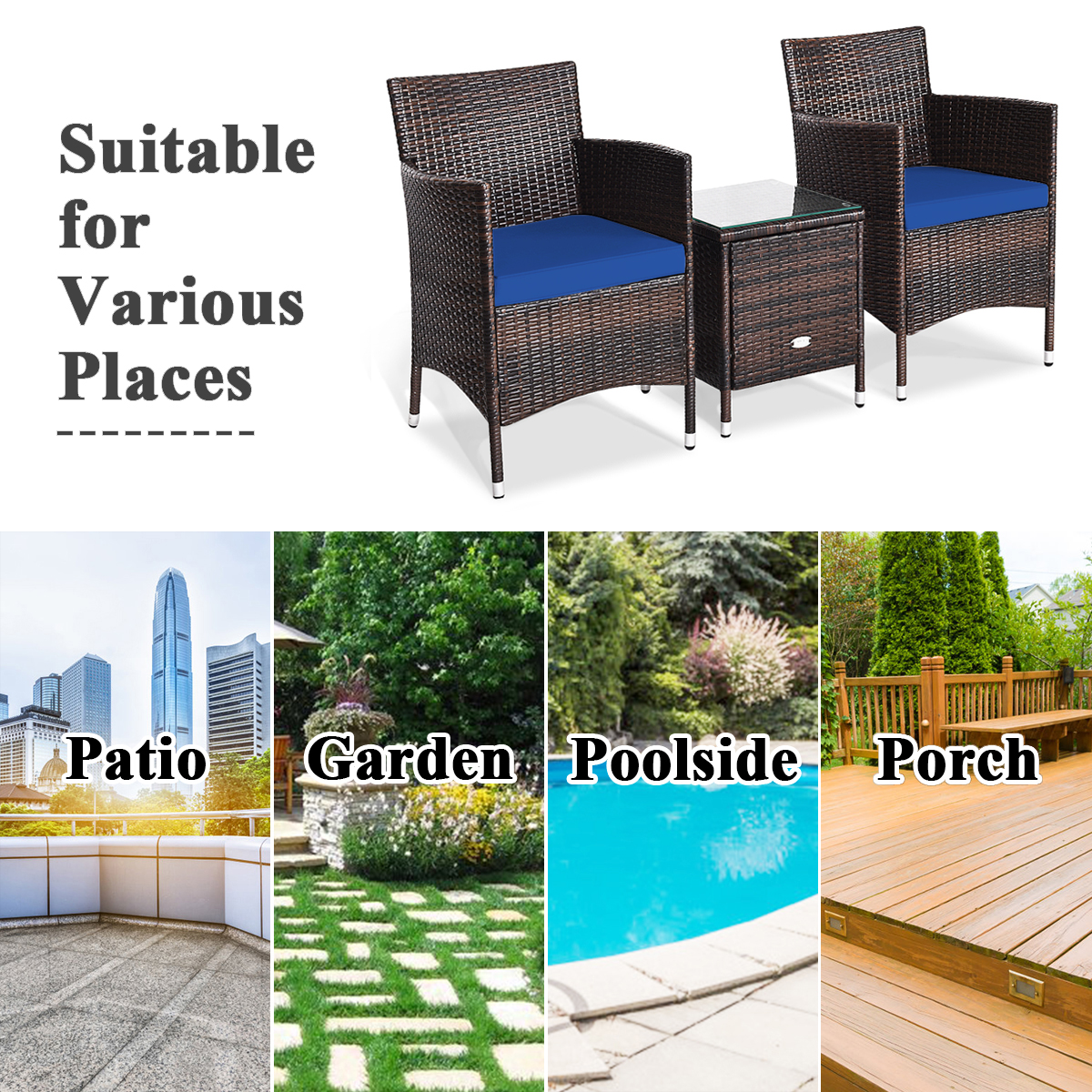 Patiojoy Patio 3PCS Rattan Wicker Furniture Set Chairs Coffee Table Garden Navy product image view 6