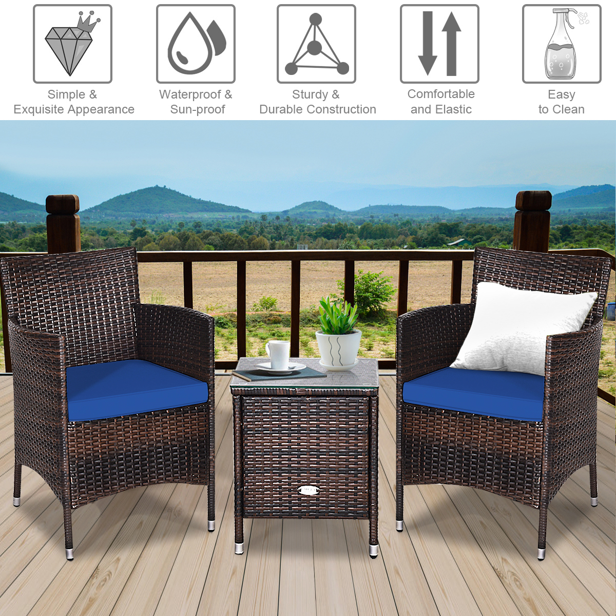 Patiojoy Patio 3PCS Rattan Wicker Furniture Set Chairs Coffee Table Garden Navy product image view 7