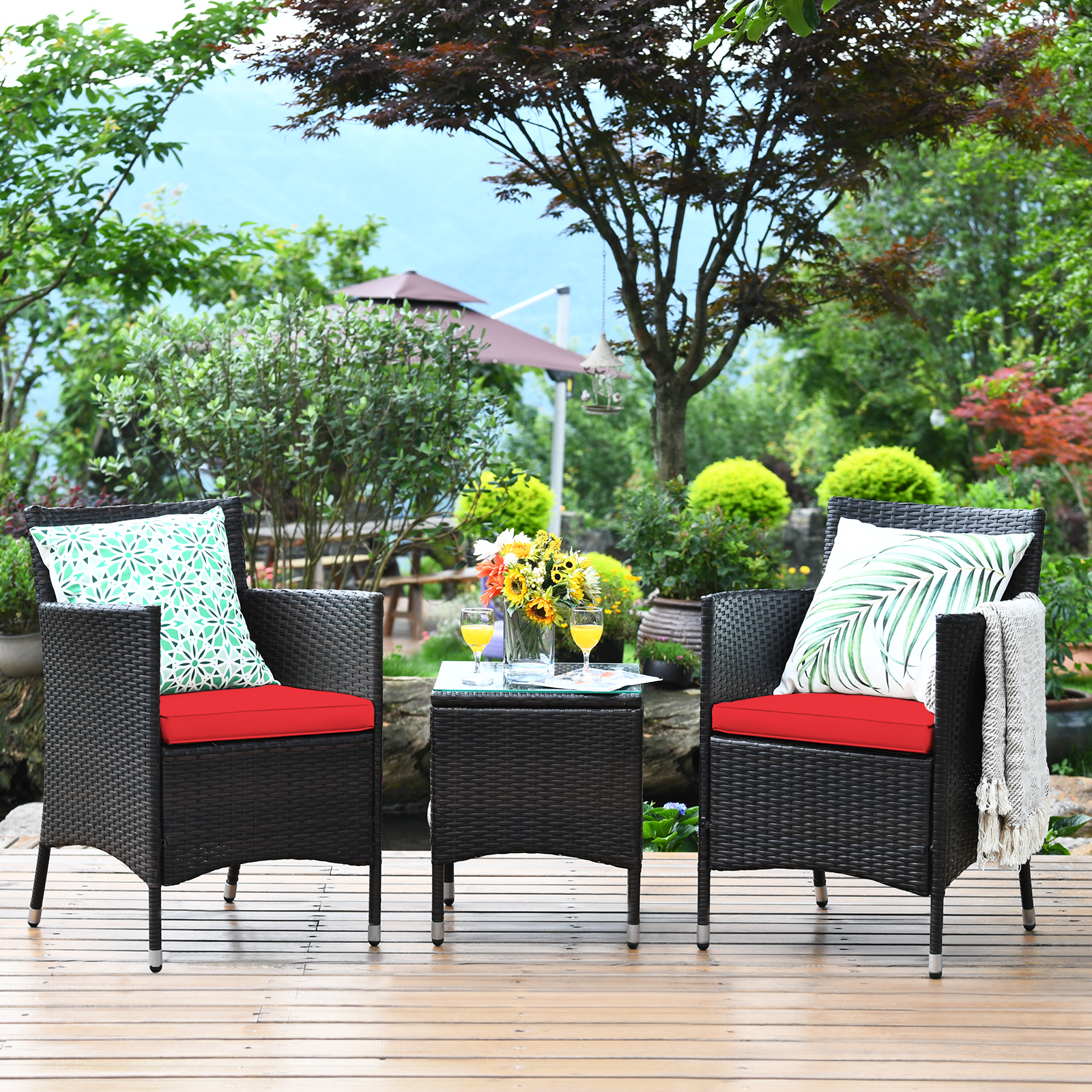 Patiojoy Outdoor 3PCS Rattan Wicker Furniture Set Chairs Coffee Table Garden Red product image view 3