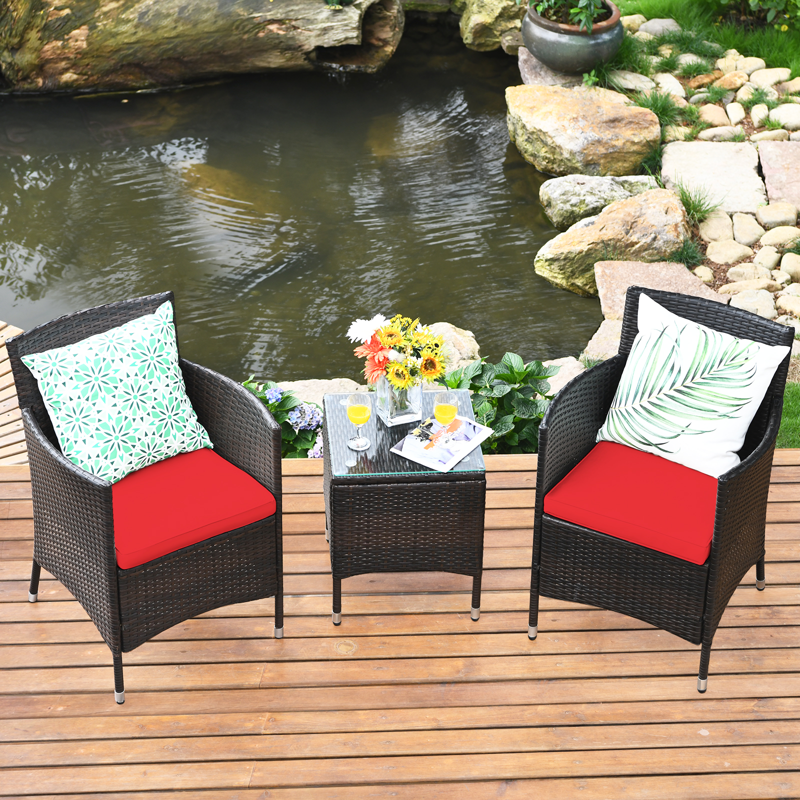 Patiojoy Outdoor 3PCS Rattan Wicker Furniture Set Chairs Coffee Table Garden Red product image view 4
