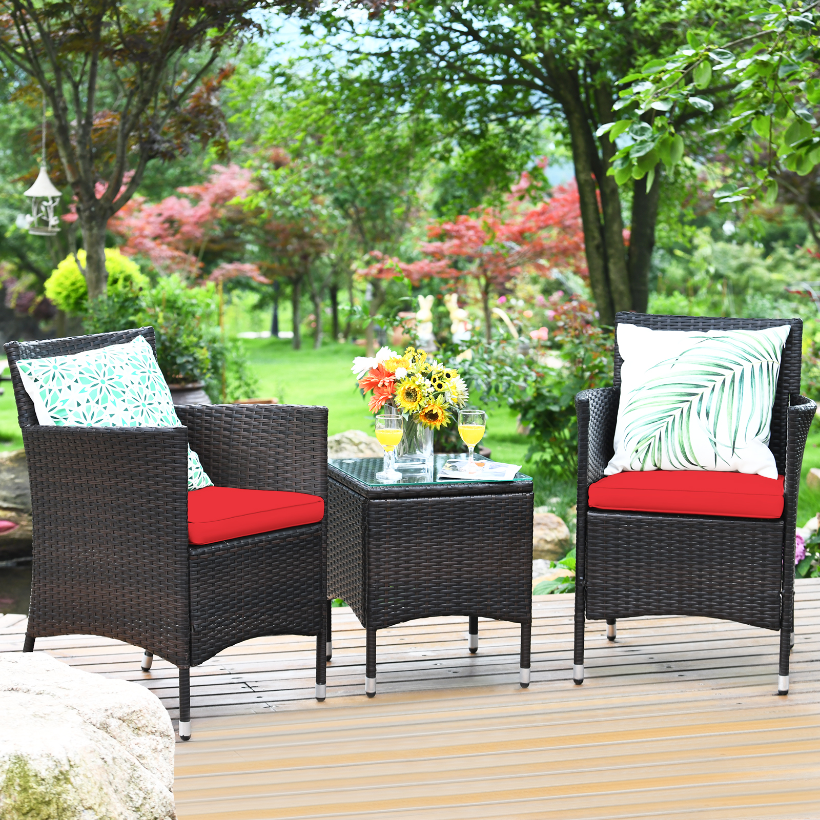 Patiojoy Outdoor 3PCS Rattan Wicker Furniture Set Chairs Coffee Table Garden Red product image view 5