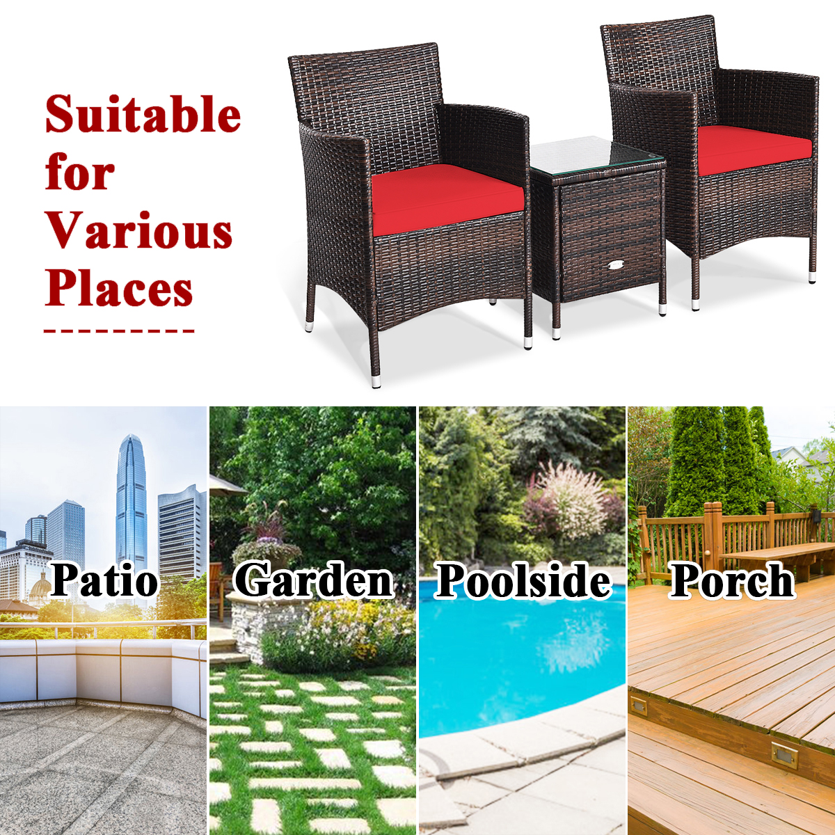 Patiojoy Outdoor 3PCS Rattan Wicker Furniture Set Chairs Coffee Table Garden Red product image view 7