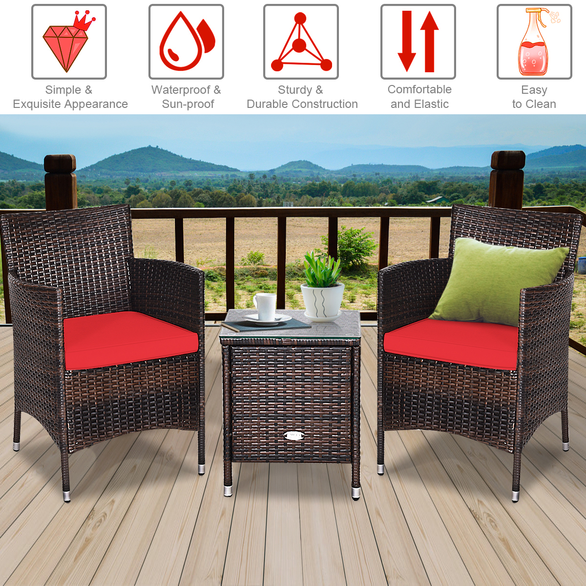 Patiojoy Outdoor 3PCS Rattan Wicker Furniture Set Chairs Coffee Table Garden Red product image view 8