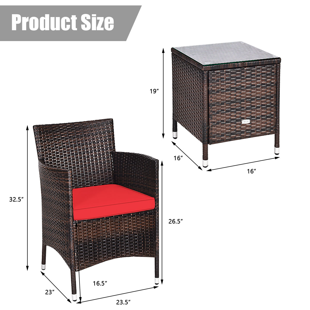 Patiojoy Outdoor 3PCS Rattan Wicker Furniture Set Chairs Coffee Table Garden Red product image view 2