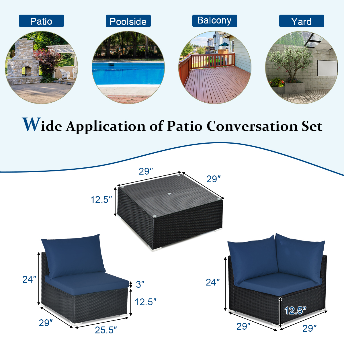 Patio 7PCS Rattan Sofa Set Sectional Conversation Furniture Set Balcony Navy