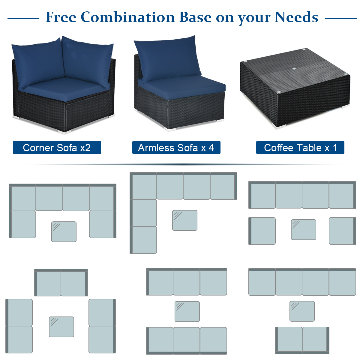 Patio 7PCS Rattan Sofa Set Sectional Conversation Furniture Set Balcony Navy