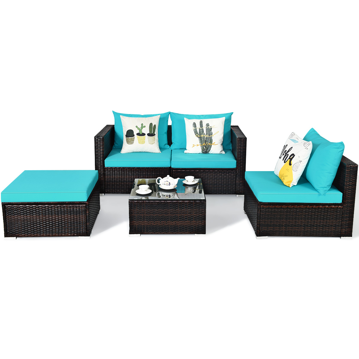 Patio 5PCS Rattan Furniture Set Sectional Conversation Sofa W/ Table Turquoise