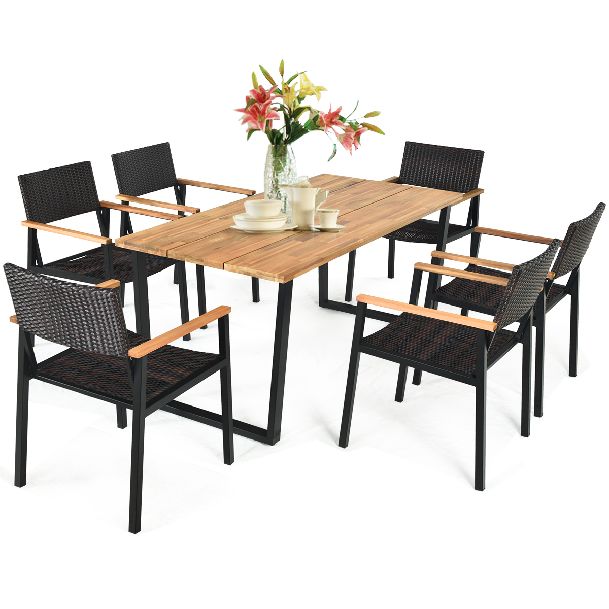 Patio 7PCS Rattan Dining Chair Table Set Solid Wood Frame W/ Umbrella Hole Yard