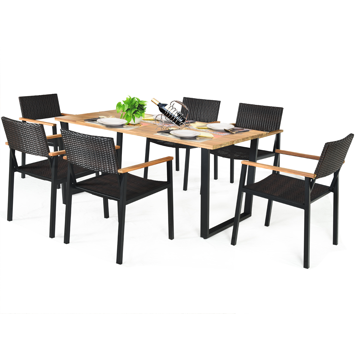 Patio 7PCS Rattan Dining Chair Table Set Solid Wood Frame W/ Umbrella Hole Yard